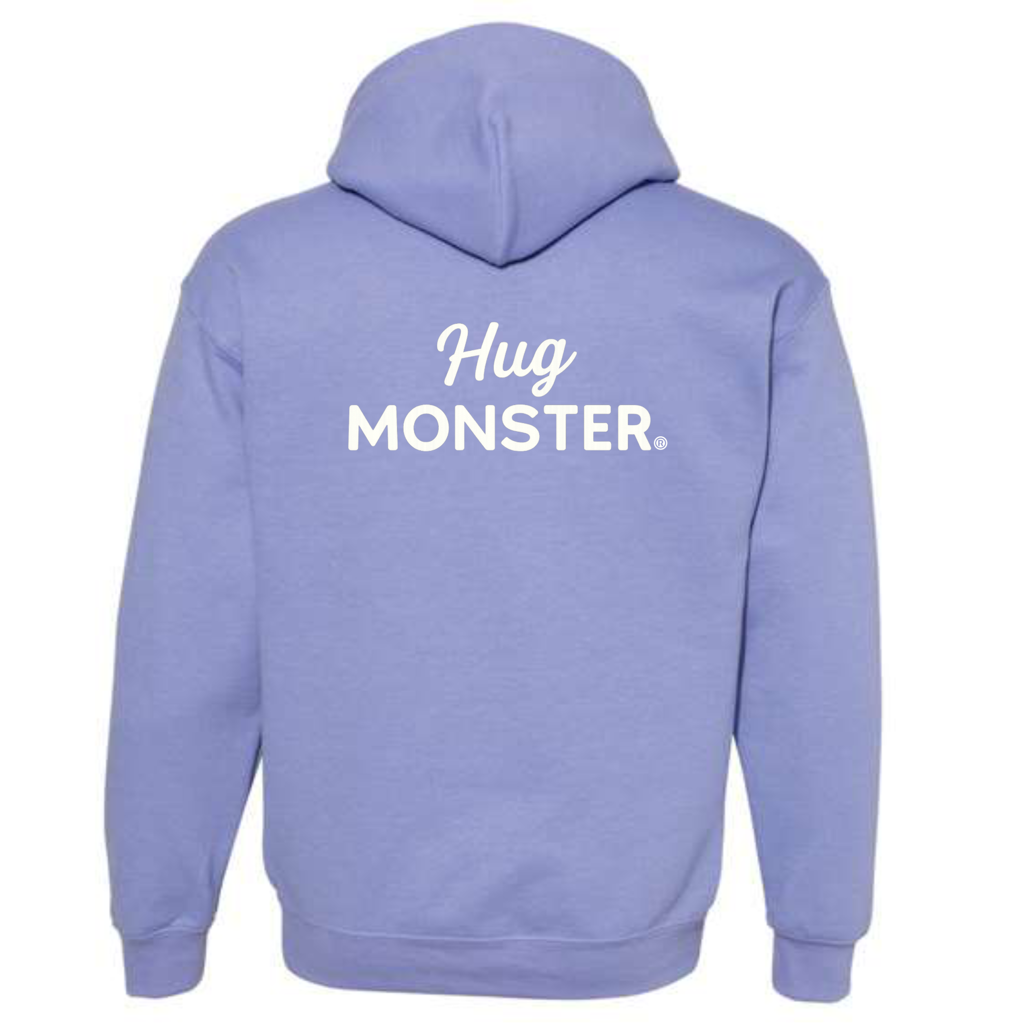 Hug Monster White Split Script graphic hoodie in Violet cozy fleece positive message sweatshirt