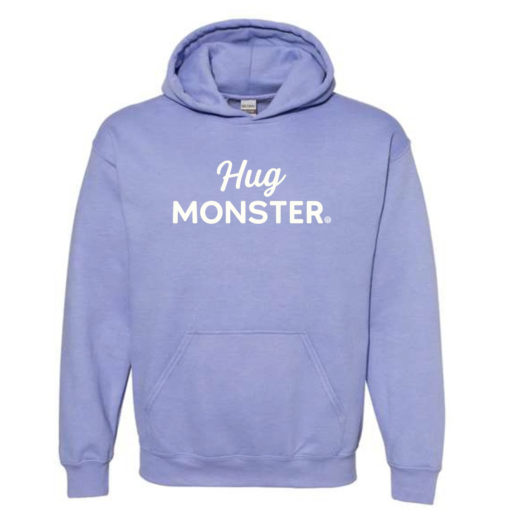 Hug Monster White Split Script graphic hoodie in Violet cozy fleece positive message sweatshirt