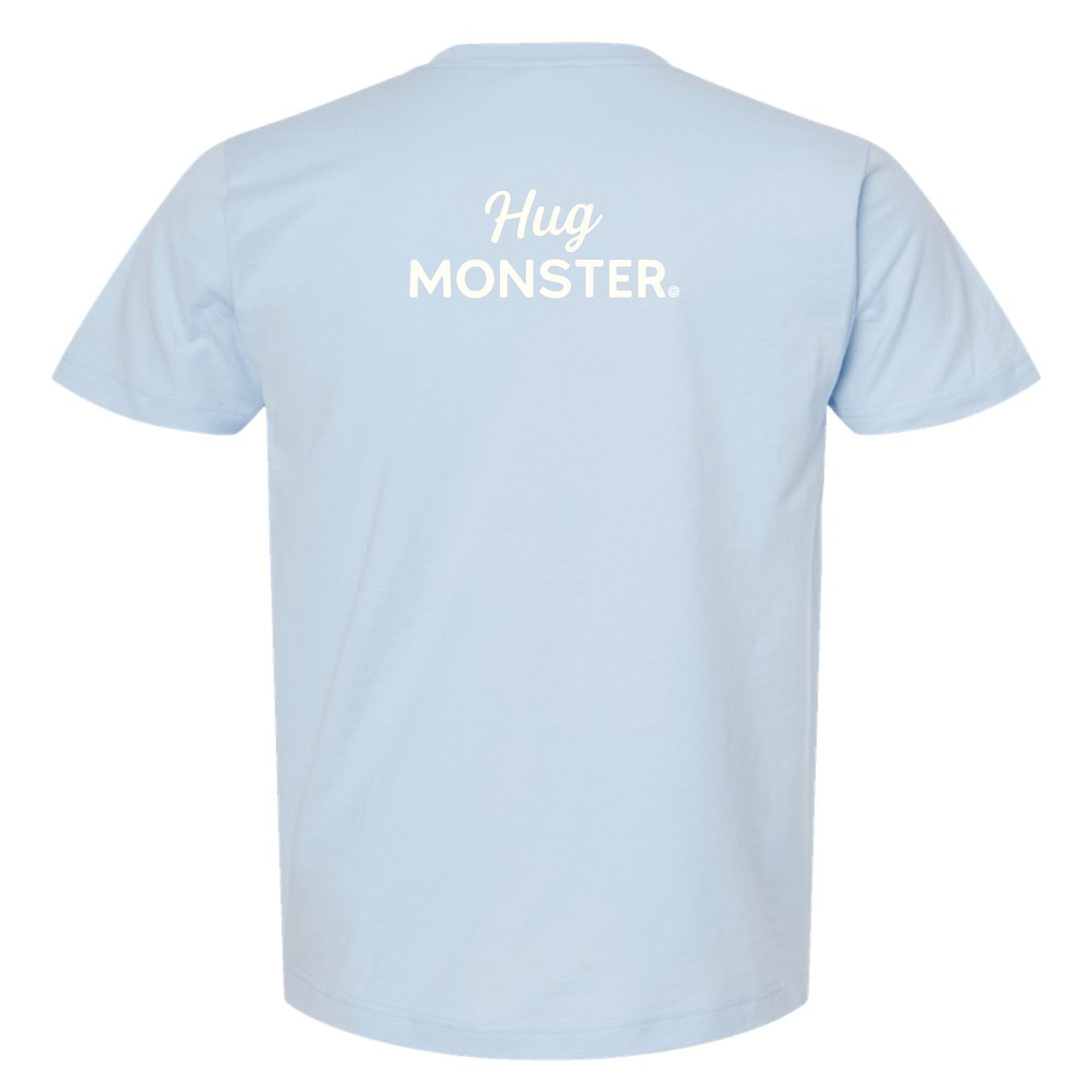 Hug Monster White Split Script T-Shirt - Positive Message Graphic Tee in Baby Blue – Back View