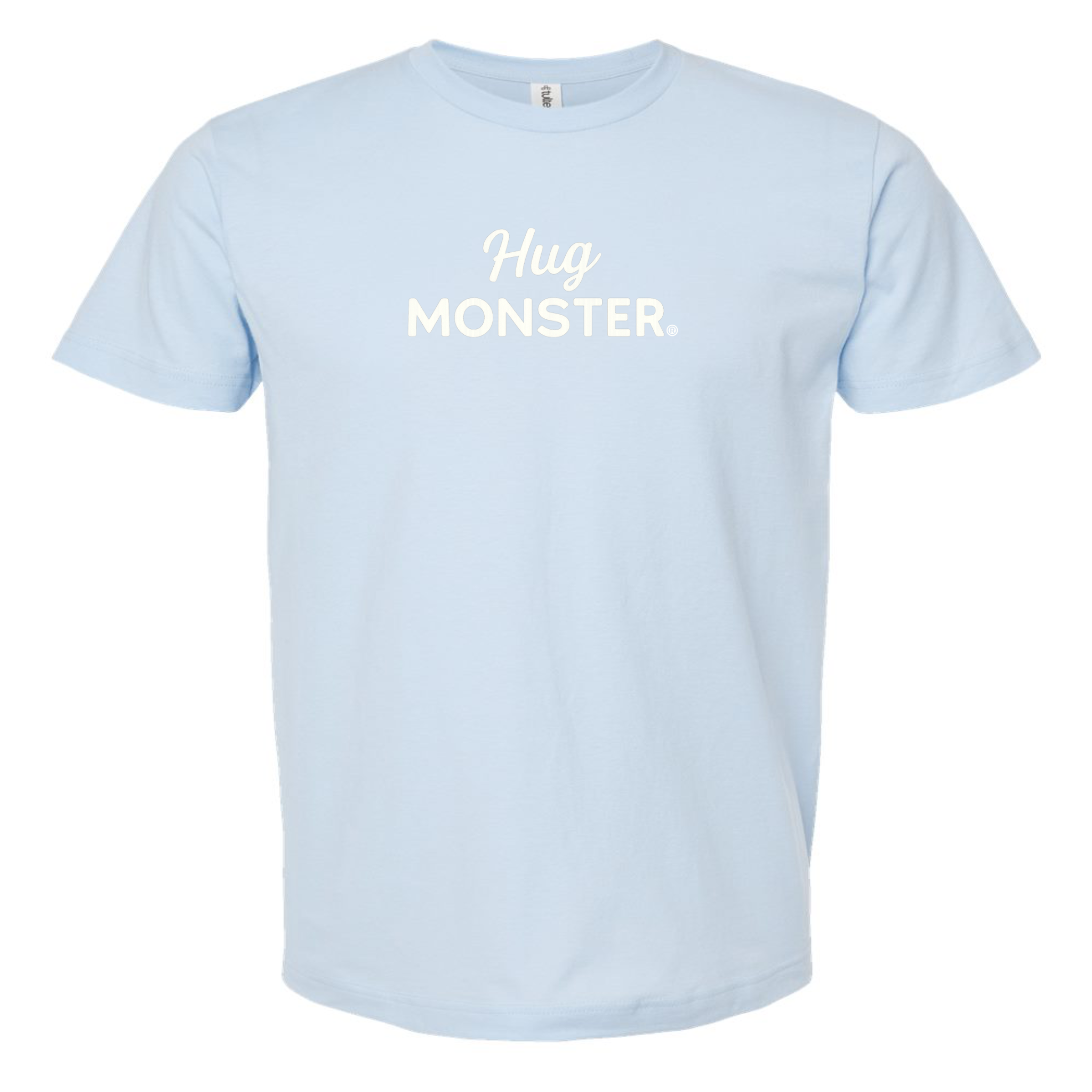 Hug Monster White Split Script T-Shirt - Positive Message Graphic Tee in Baby Blue – Front View