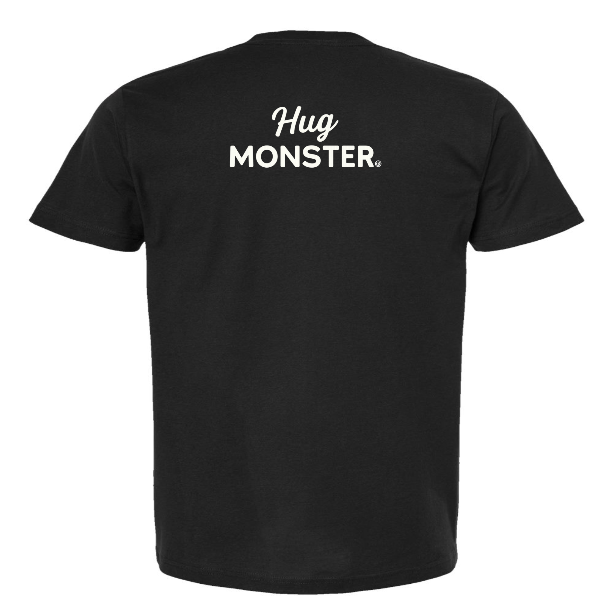 Hug Monster White Split Script T-Shirt - Positive Message Graphic Tee in Black – Back View
