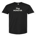 Hug Monster White Split Script T-Shirt - Positive Message Graphic Tee in Black – Front View