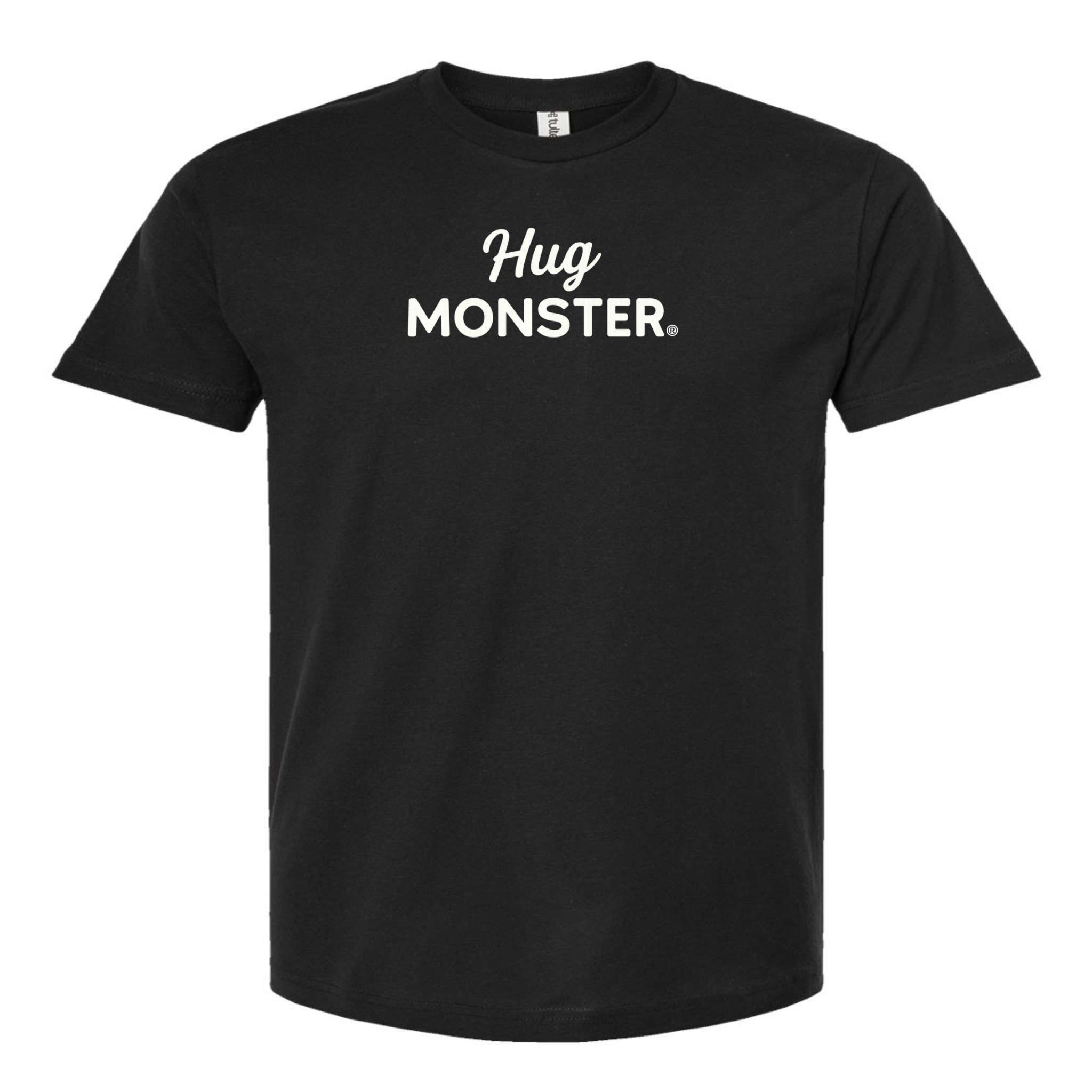 Hug Monster White Split Script T-Shirt - Positive Message Graphic Tee in Black – Front View