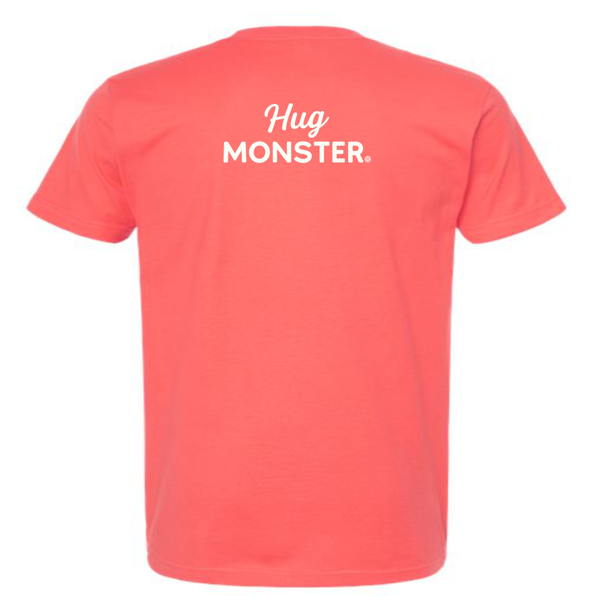 Hug Monster White Split Script T-Shirt - Positive Message Graphic Tee in Bright Coral – Back View