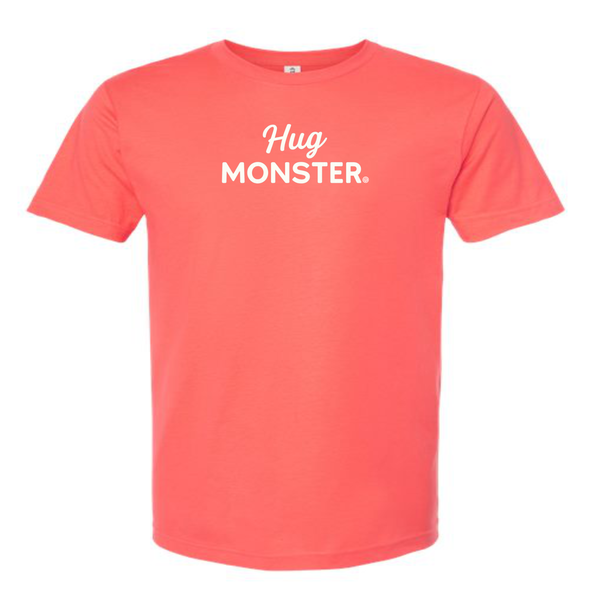 Hug Monster White Split Script T-Shirt - Positive Message Graphic Tee in Bright Coral – Front View