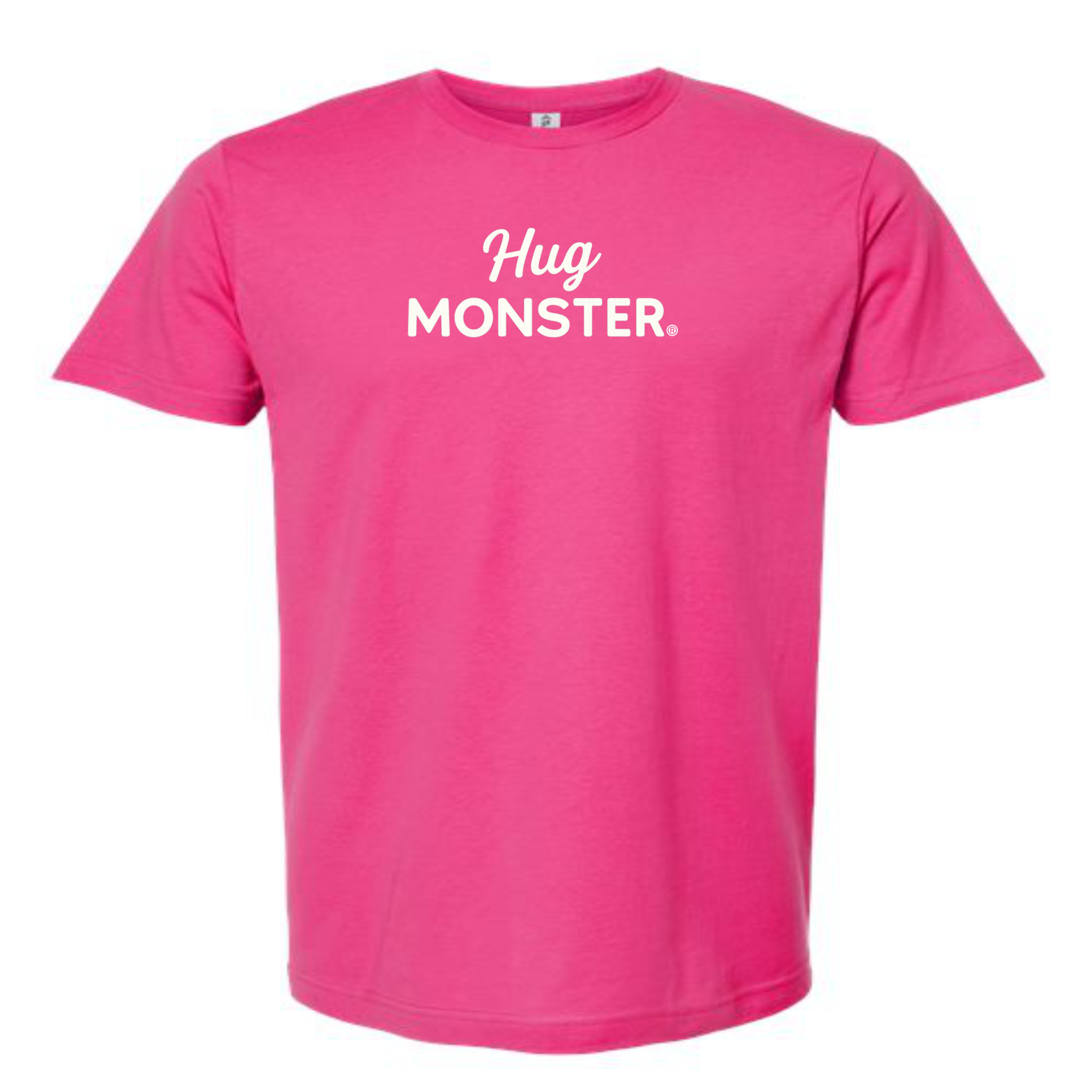 Hug Monster White Split Script T-Shirt - Positive Message Graphic Tee in Bright Fuscia – Front View