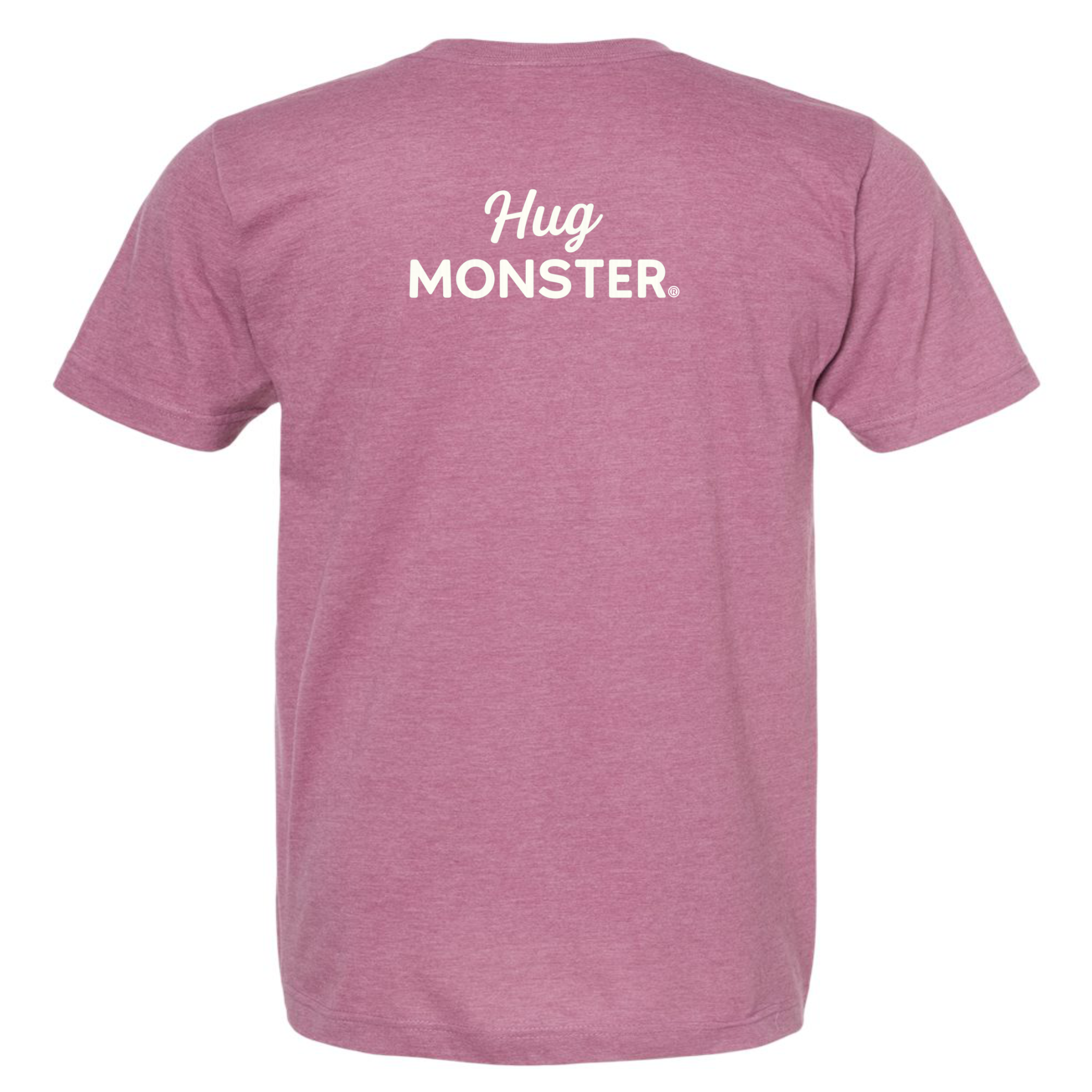 Hug Monster White Split Script T-Shirt - Positive Message Graphic Tee in Heather Dusty Rose Pink – Back View