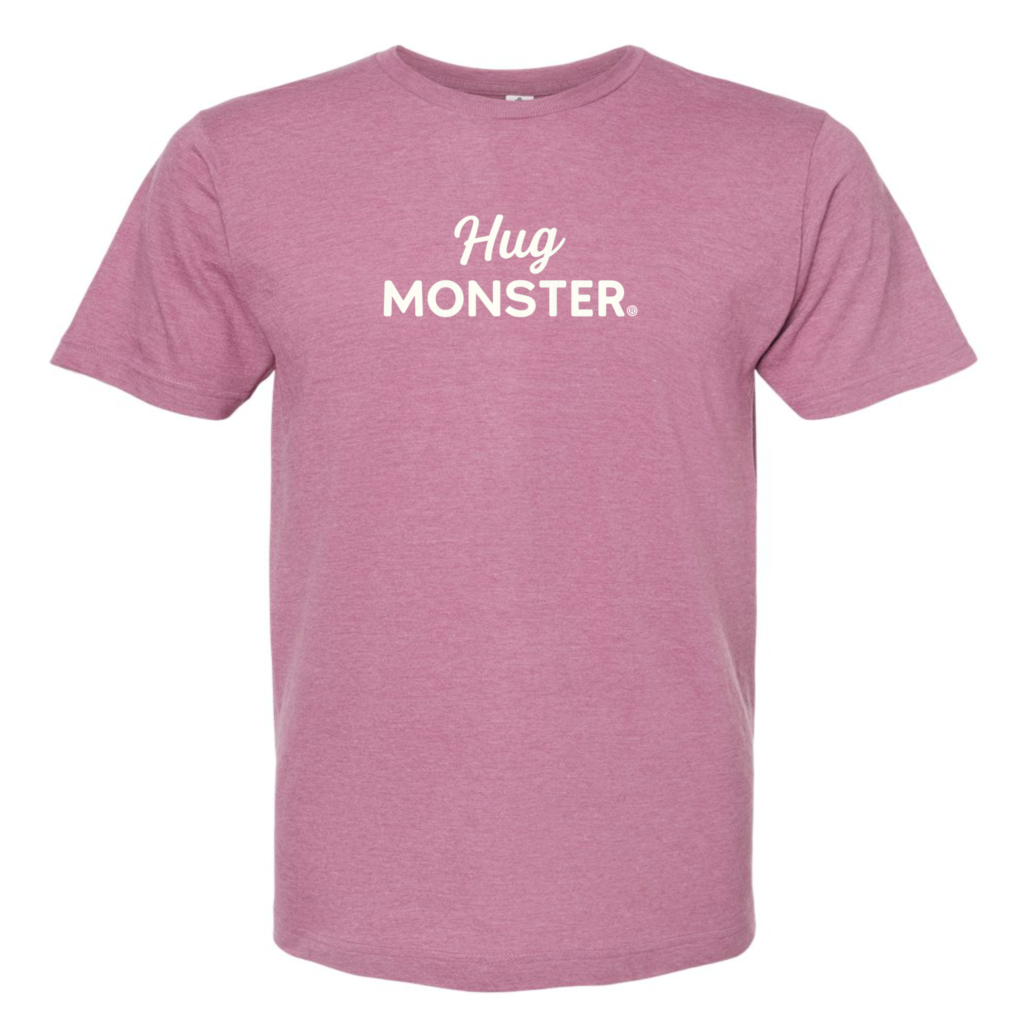 Hug Monster White Split Script T-Shirt - Positive Message Graphic Tee in Heather Dusty Rose Pink – Front View