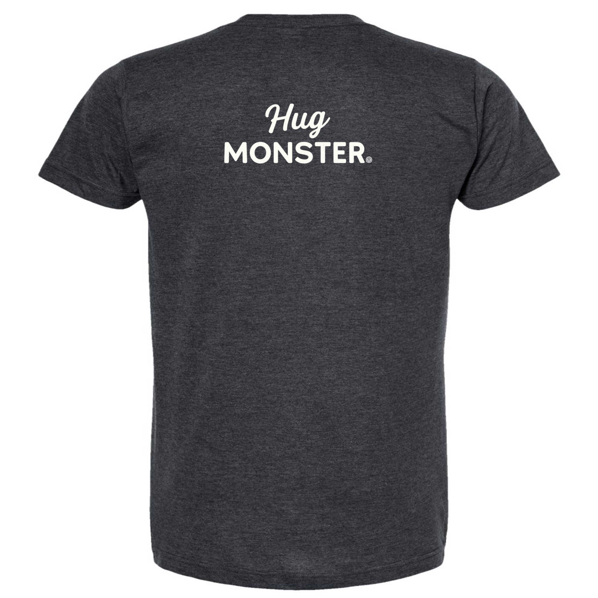 Hug Monster White Split Script T-Shirt - Positive Message Graphic Tee in Heather Graphite – Back View