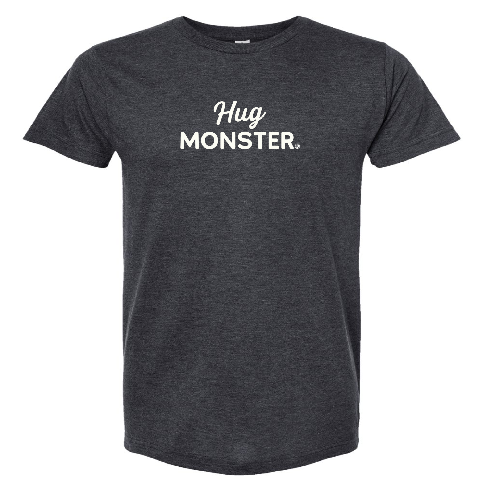 Hug Monster White Split Script T-Shirt - Positive Message Graphic Tee in Heather Graphite – Front View