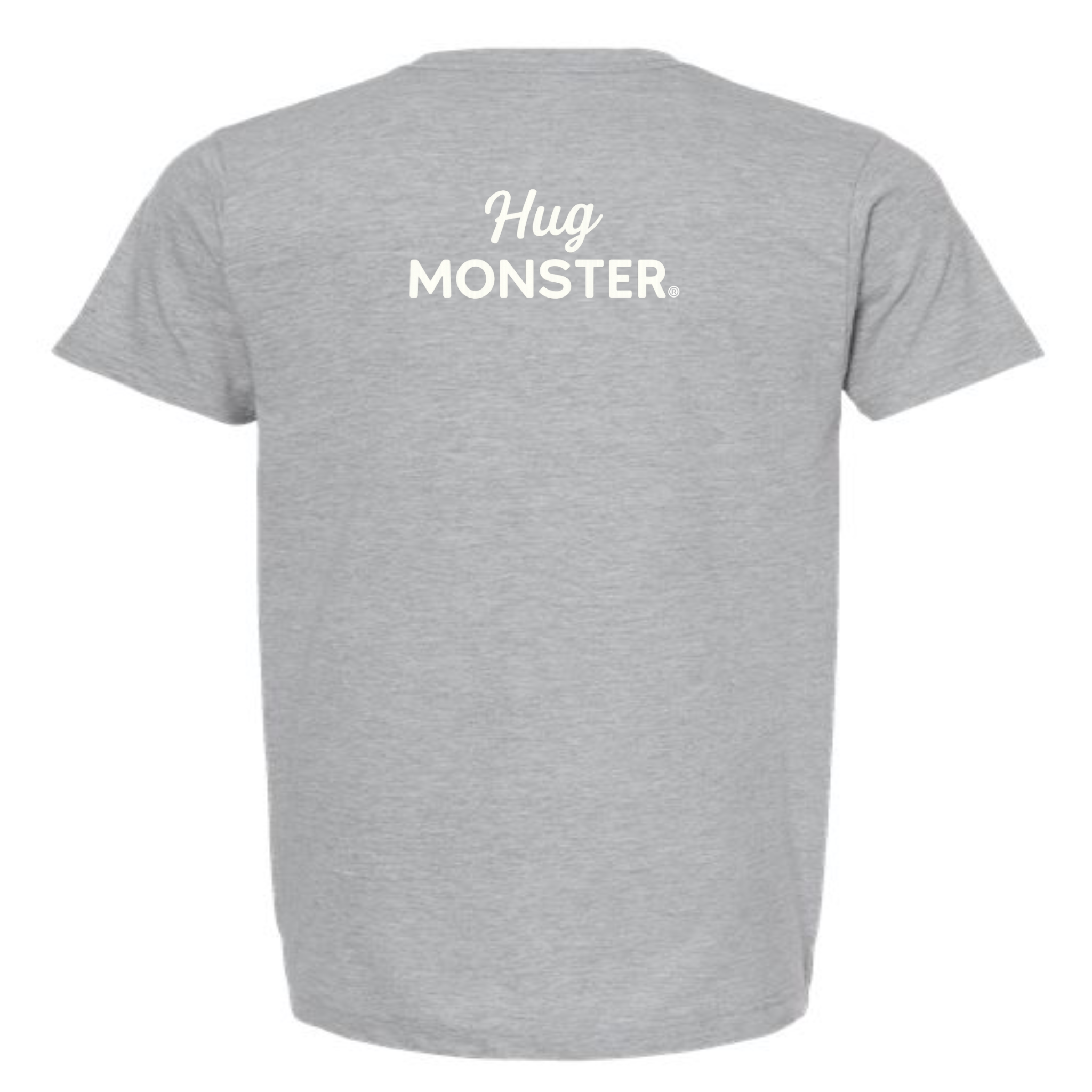 Hug Monster White Split Script T-Shirt - Positive Message Graphic Tee in Heather Grey – Back View