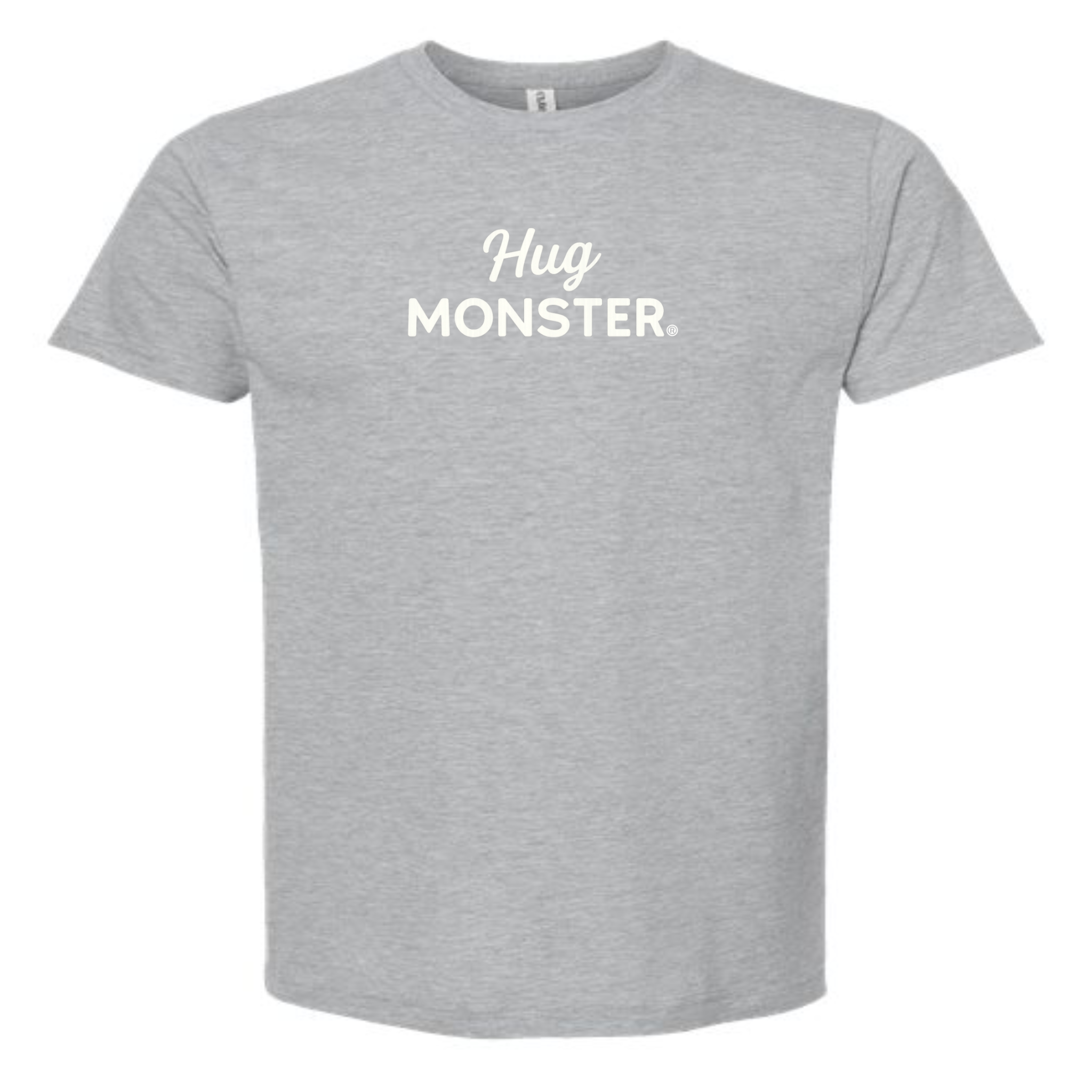 Hug Monster White Split Script T-Shirt - Positive Message Graphic Tee in Heather Grey – Front View