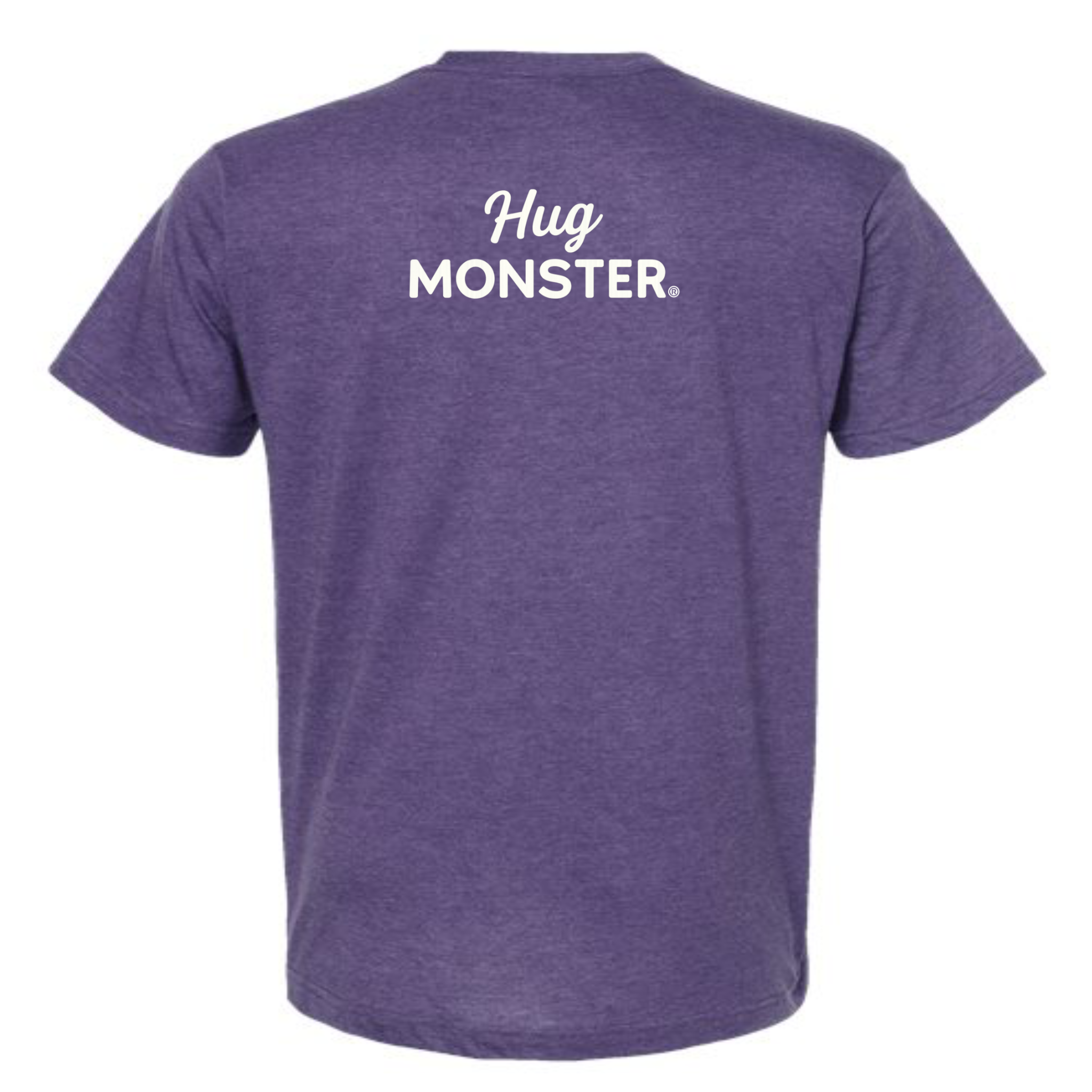Hug Monster White Split Script T-Shirt - Positive Message Graphic Tee in Heather Purple – Back View
