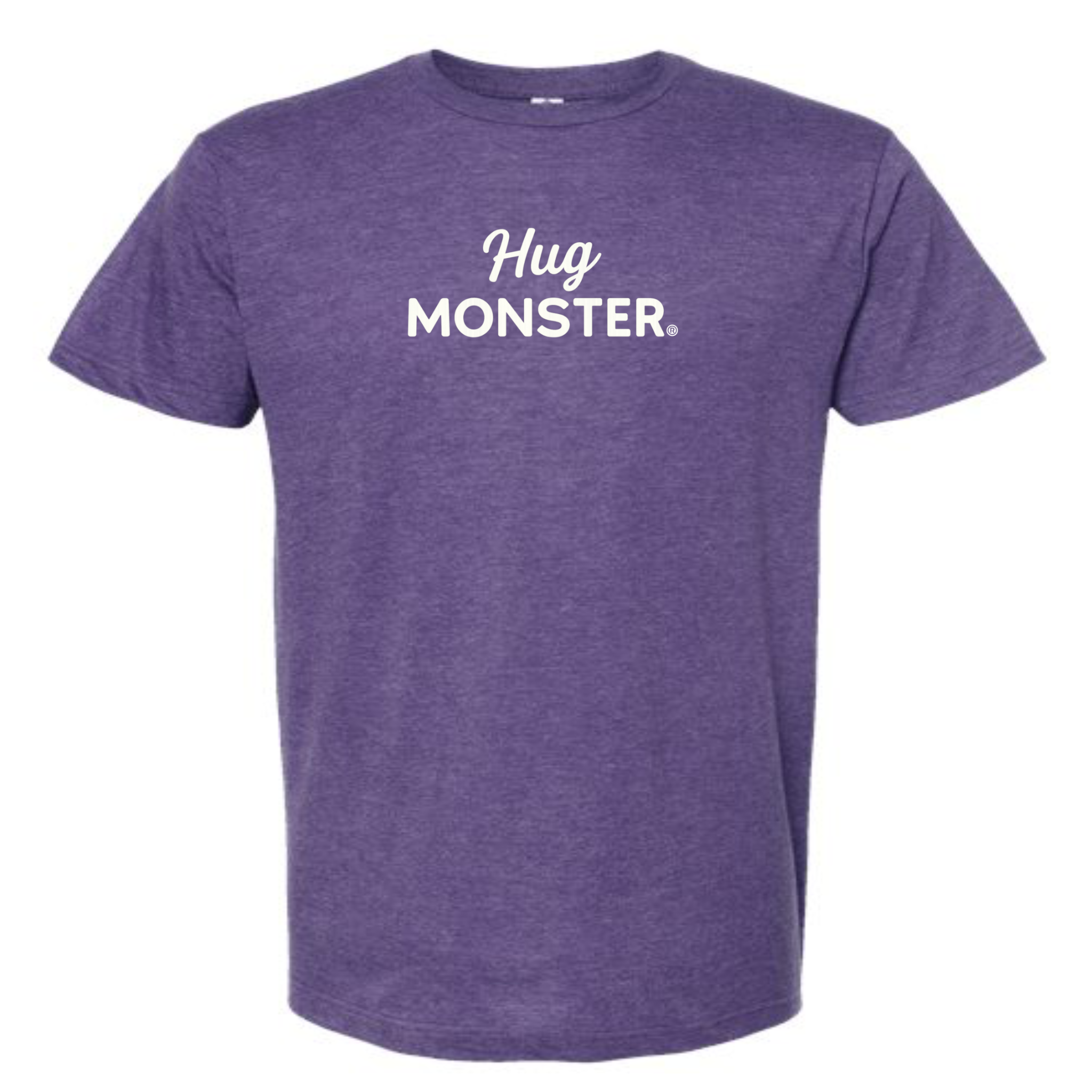 Hug Monster White Split Script T-Shirt - Positive Message Graphic Tee in Heather Purple – Front View