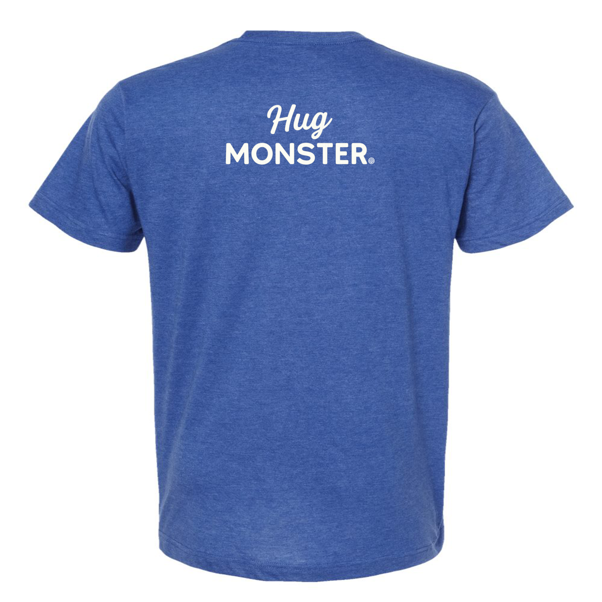 Hug Monster White Split Script T-Shirt - Positive Message Graphic Tee in Heather Royal Purple – Back View