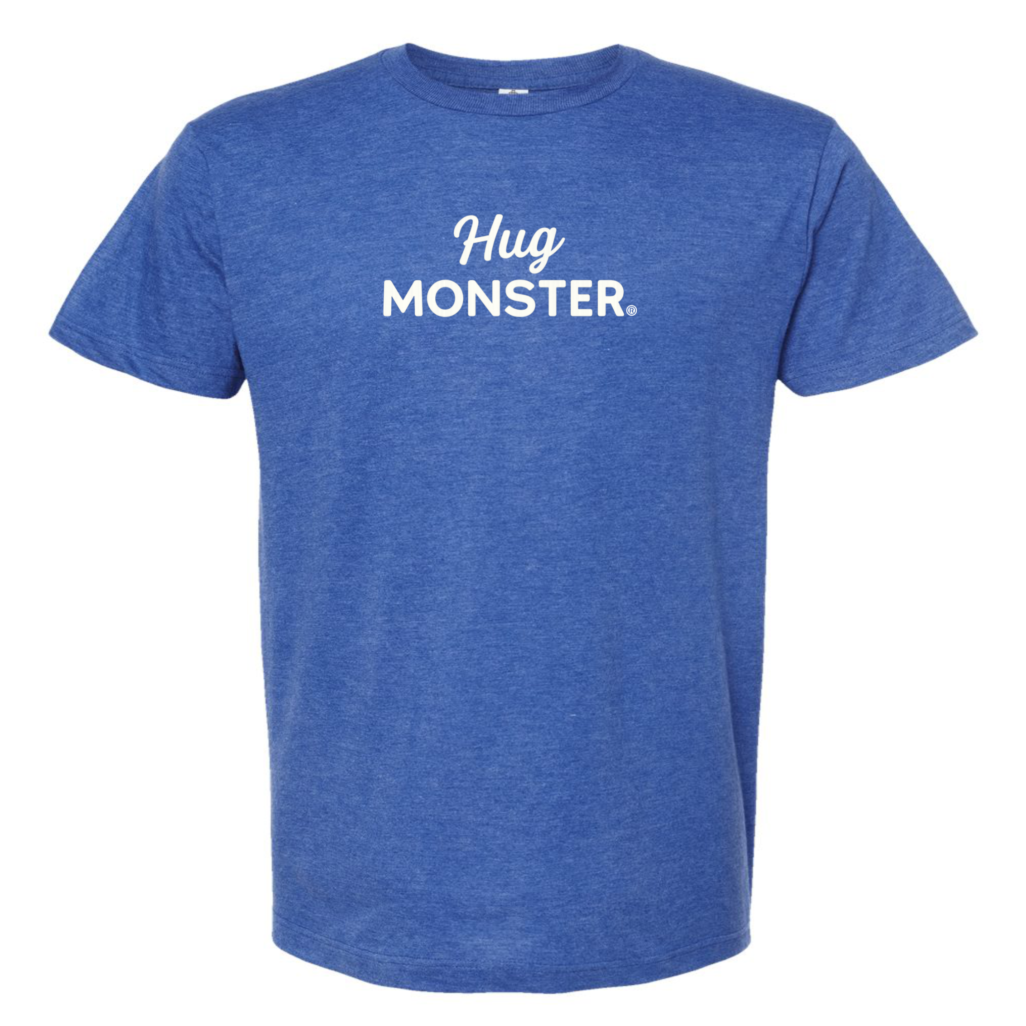 Hug Monster White Split Script T-Shirt - Positive Message Graphic Tee in Heather Royal Purple – Front View