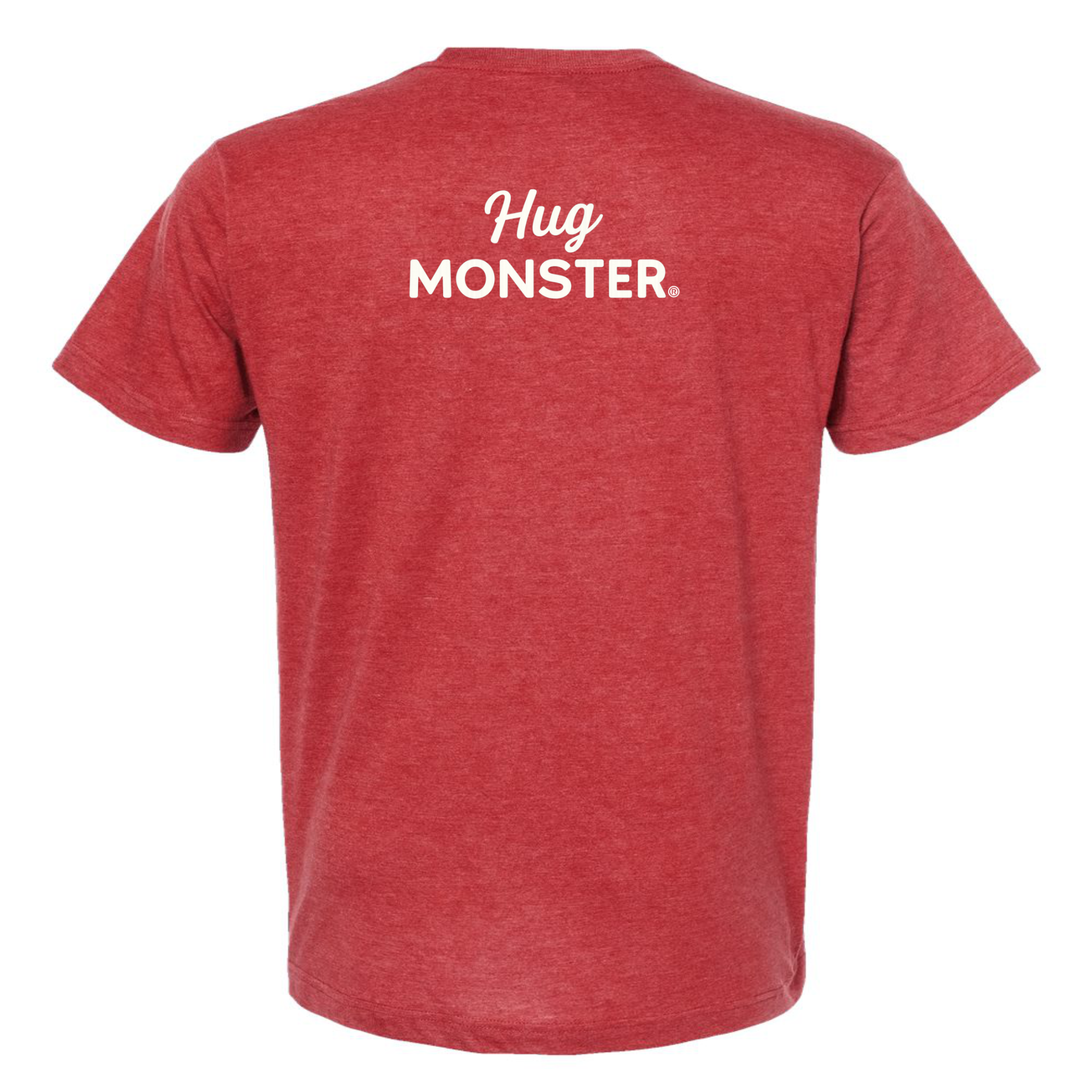 Hug Monster White Split Script T-Shirt - Positive Message Graphic Tee in Heather Scarlet Red – Back View