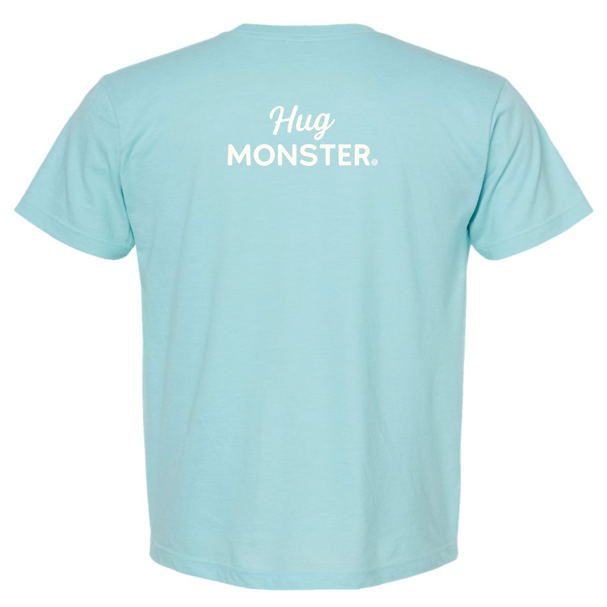 Hug Monster White Split Script T-Shirt - Positive Message Graphic Tee in Heather Turquoise – Back View