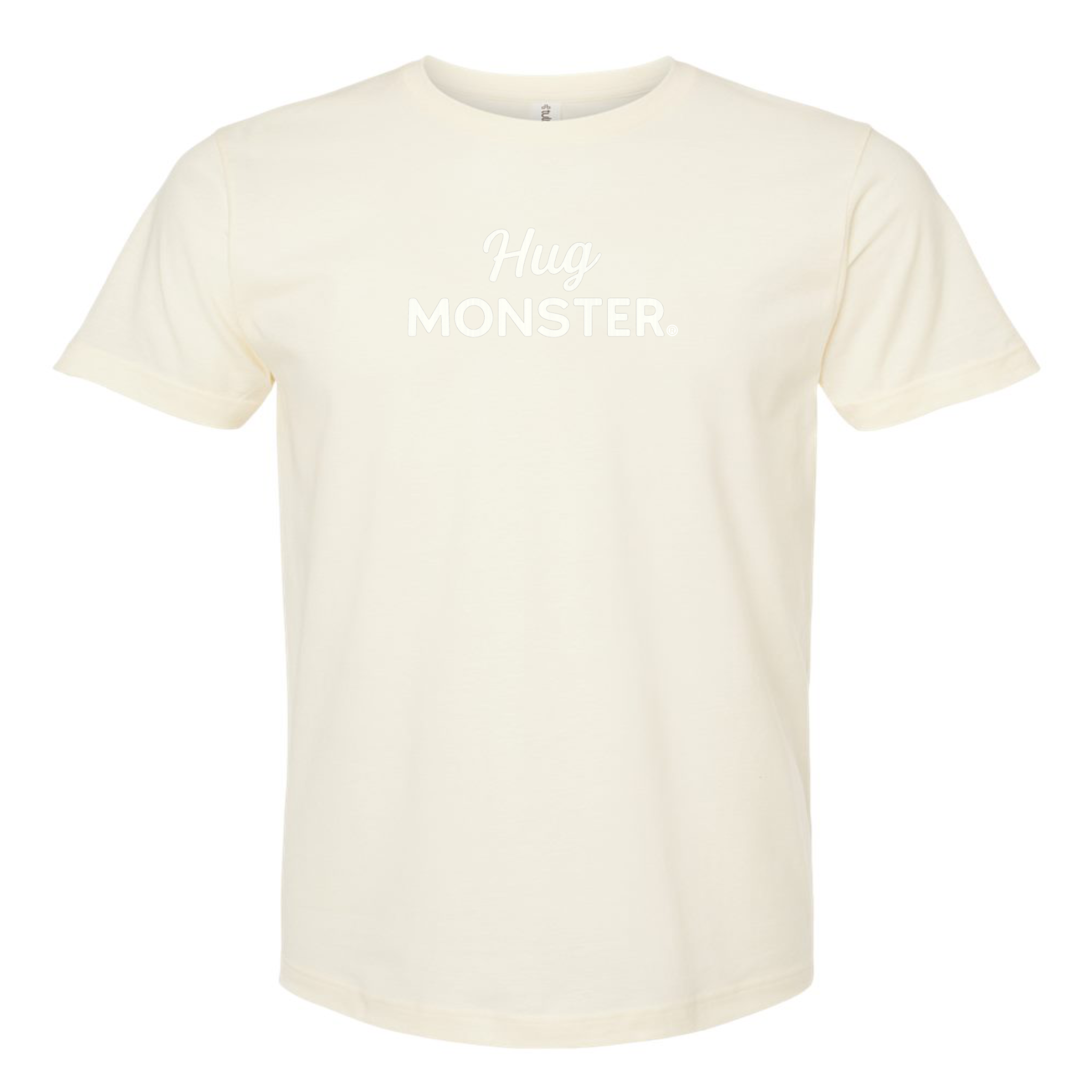 Hug Monster White Split Script T-Shirt - Positive Message Graphic Tee in Natural – Front View