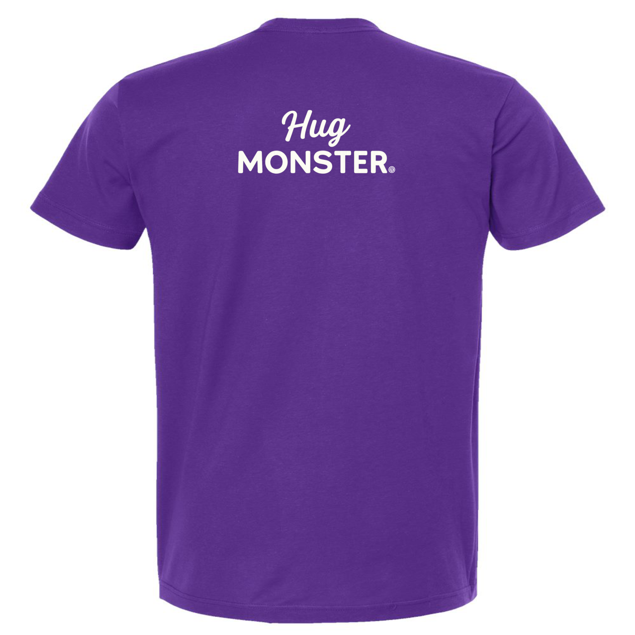 Hug Monster White Split Script T-Shirt - Positive Message Graphic Tee in Purple – Back View