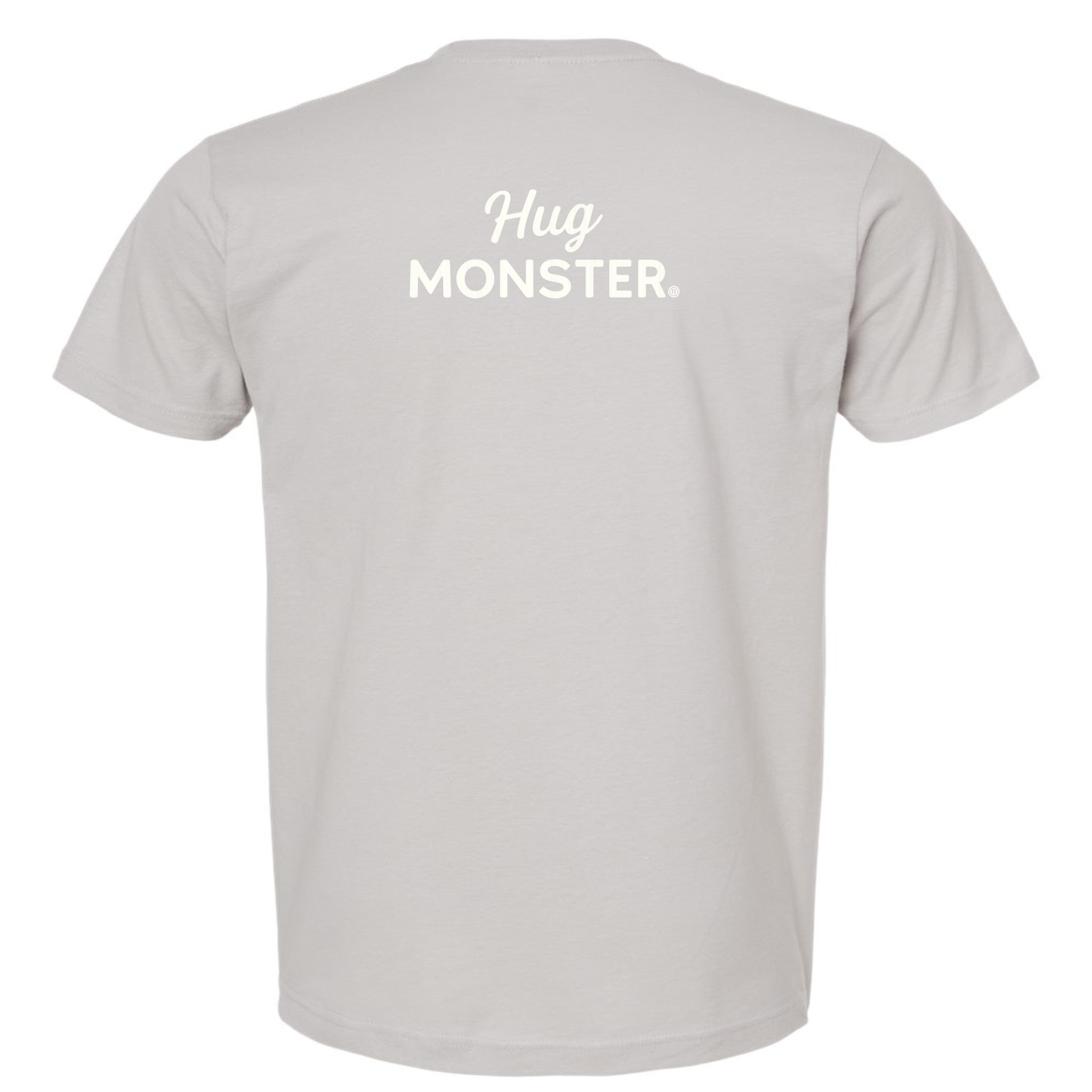 Hug Monster White Split Script T-Shirt - Positive Message Graphic Tee in Silver – Back View
