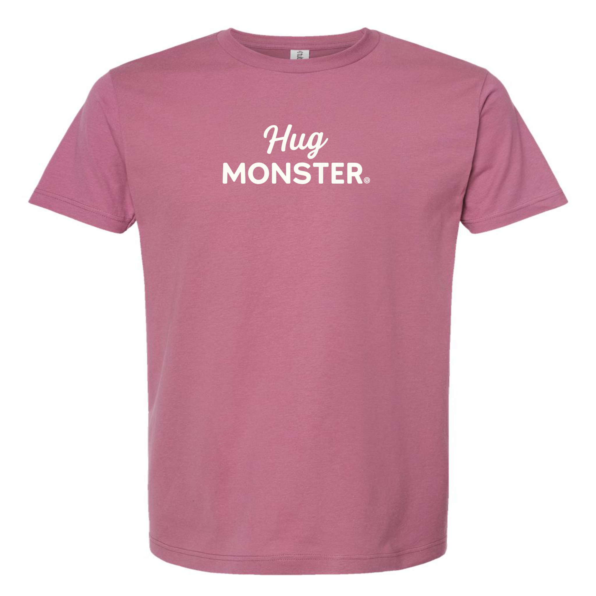 Hug Monster White Split Script T-Shirt - Positive Message Graphic Tee in Soft Dusty Rose Pink – Front View