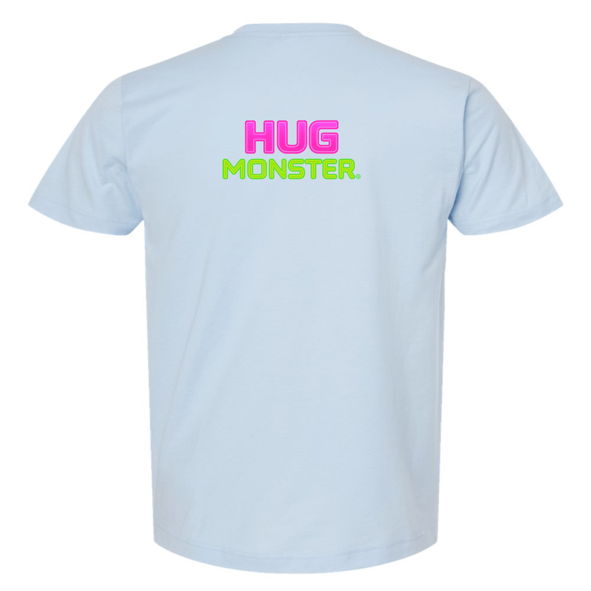Hug Monster Neon Stacked T-Shirt - Positive Message Graphic Tee in Baby Blue – Back View