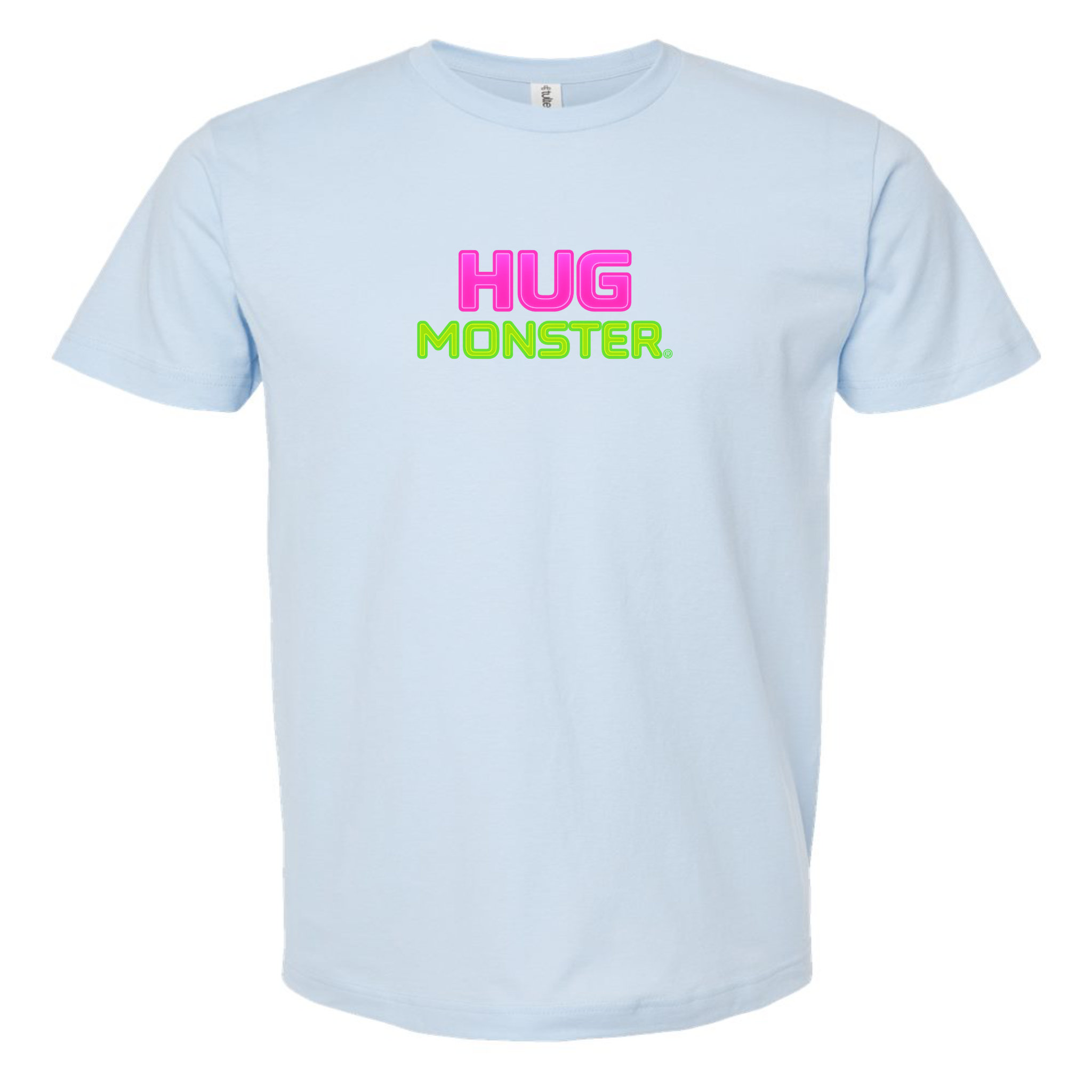 Hug Monster Neon Stacked T-Shirt - Positive Message Graphic Tee in Baby Blue – Front View