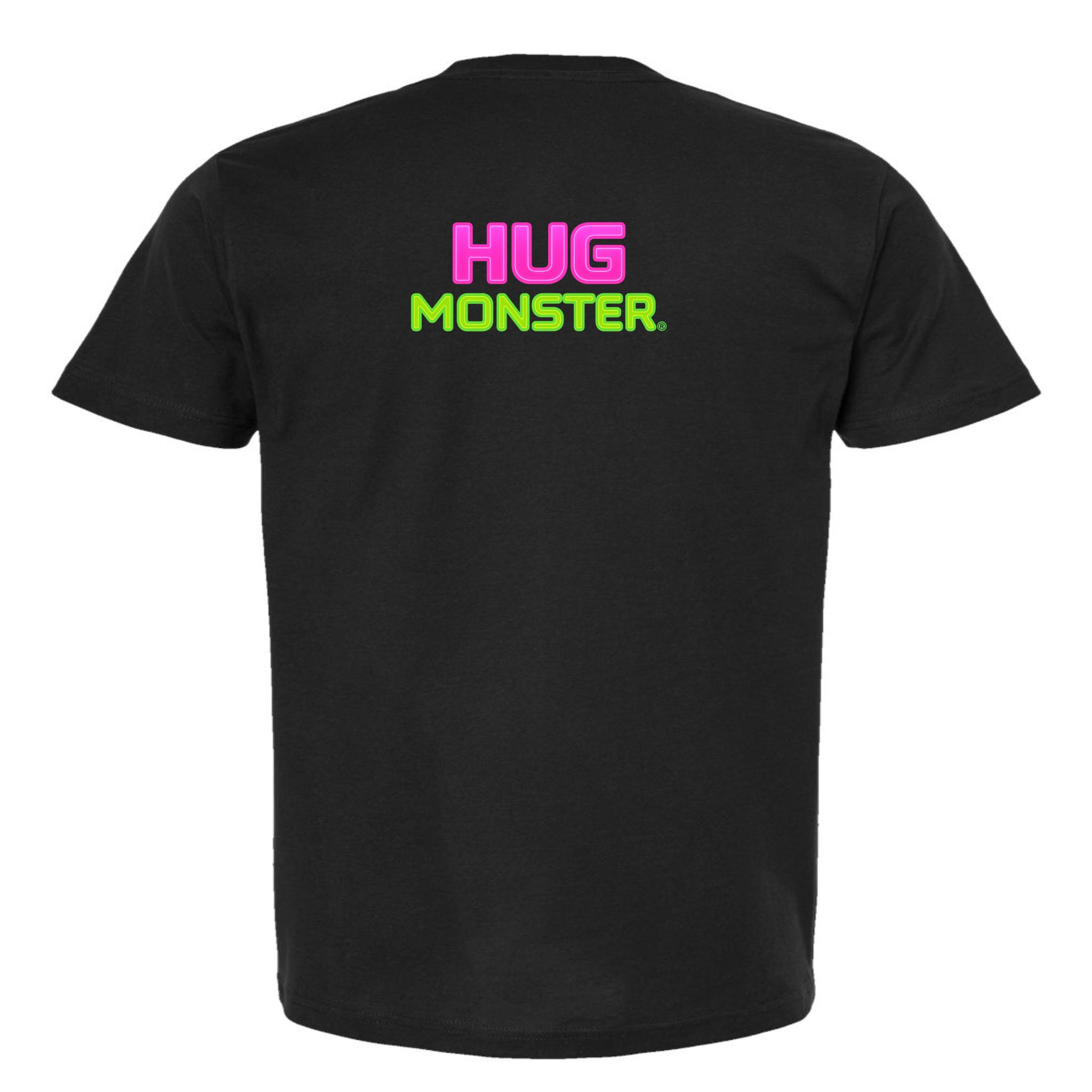 Hug Monster Neon Stacked T-Shirt - Positive Message Graphic Tee in Black – Back View