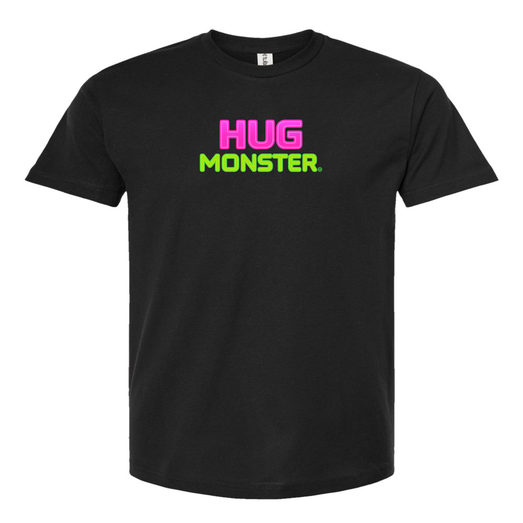 Hug Monster Neon Stacked T-Shirt - Positive Message Graphic Tee in Black – Front View