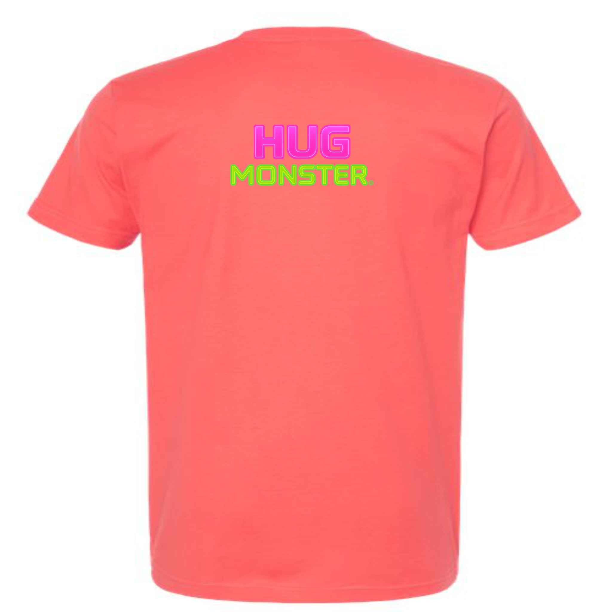 Hug Monster Neon Stacked T-Shirt - Positive Message Graphic Tee in Bright Coral – Back View