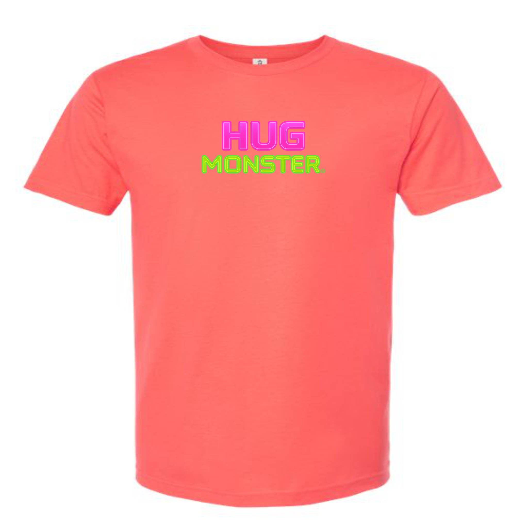 Hug Monster Neon Stacked T-Shirt - Positive Message Graphic Tee in Bright Coral – Front View