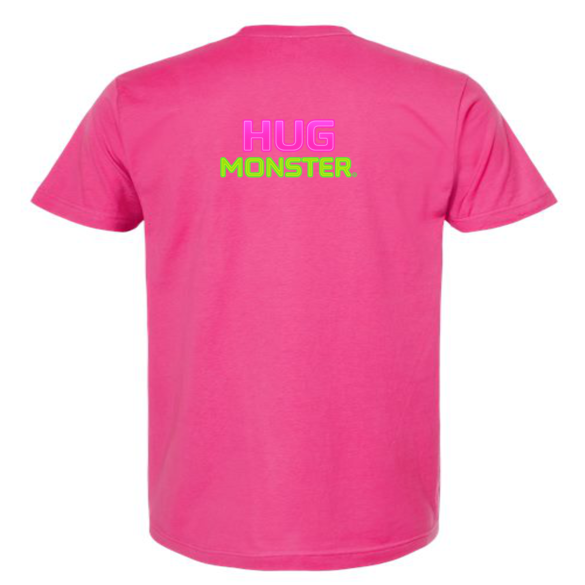 Hug Monster Neon Stacked T-Shirt - Positive Message Graphic Tee in Bright Fuscia – Back View
