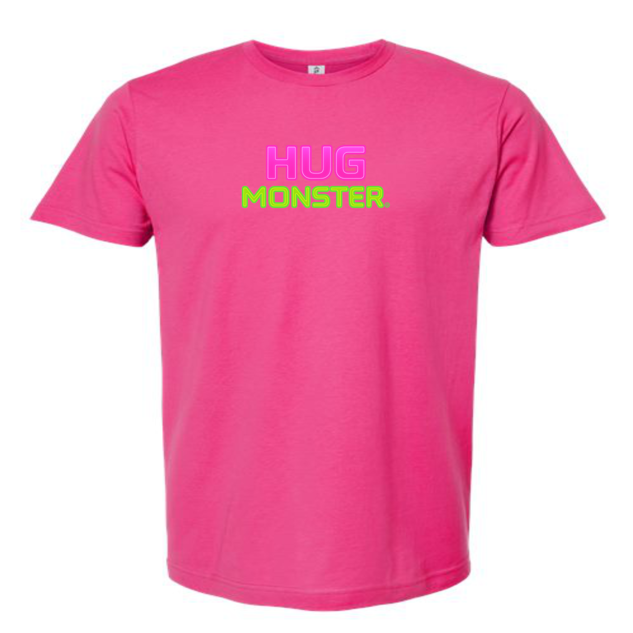 Hug Monster Neon Stacked T-Shirt - Positive Message Graphic Tee in Bright Fuscia – Front View
