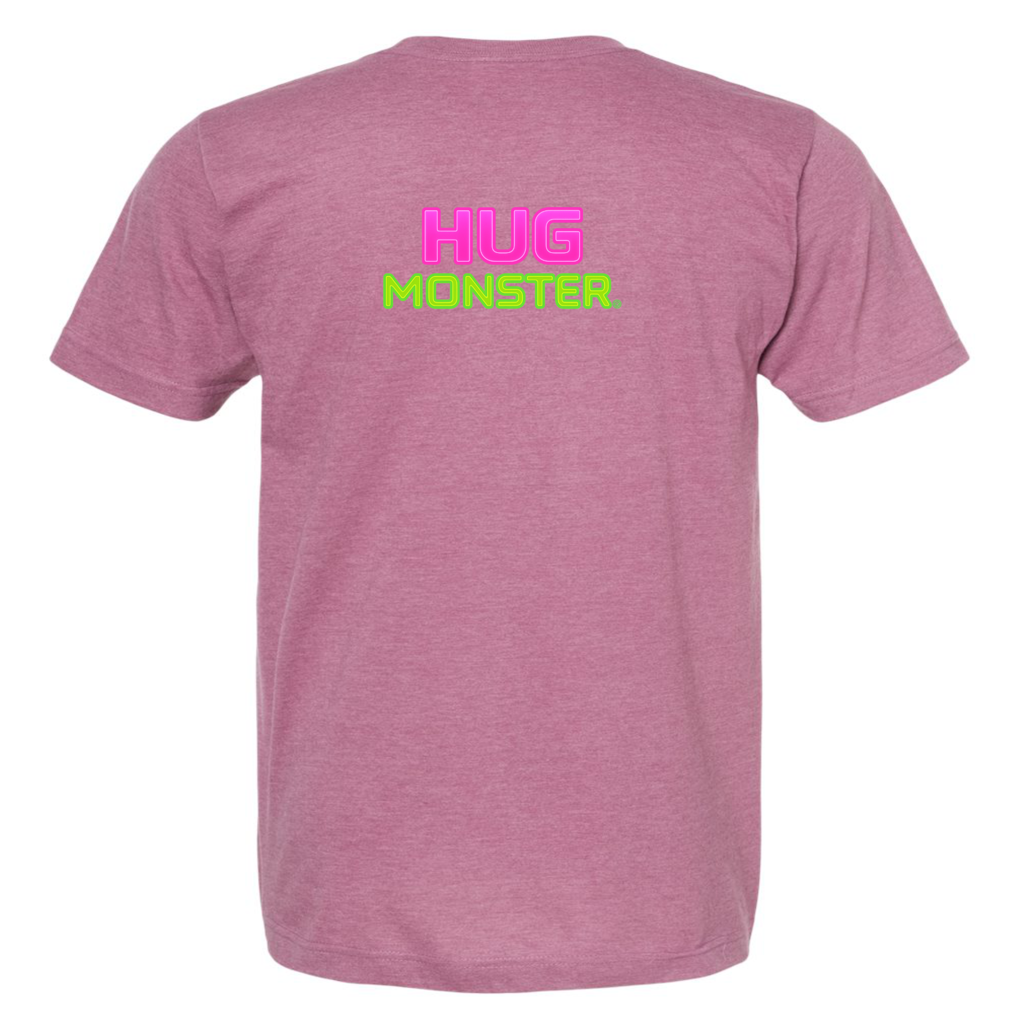 Hug Monster Neon Stacked T-Shirt - Positive Message Graphic Tee in Heather Dusty Rose Pink – Back View