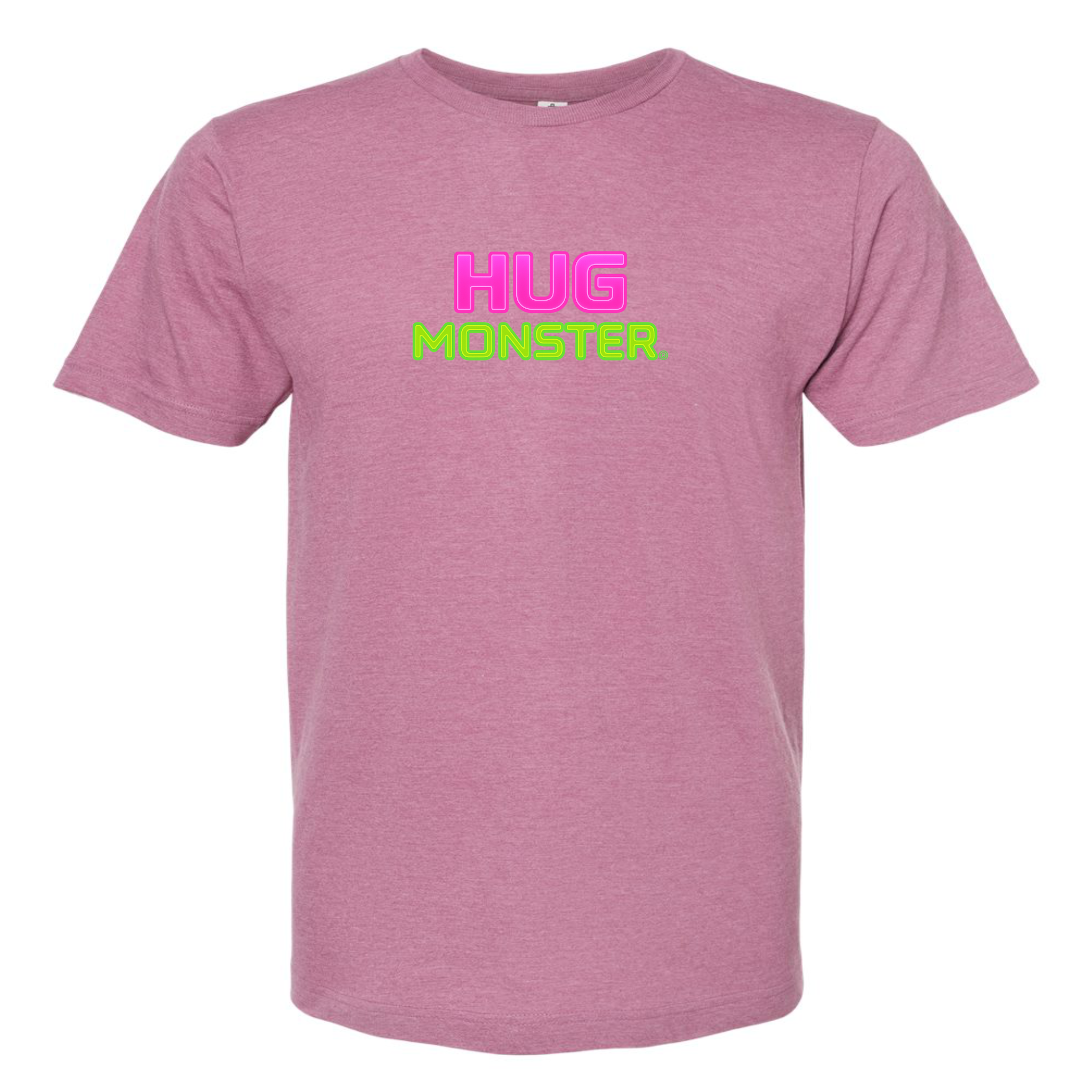 Hug Monster Neon Stacked T-Shirt - Positive Message Graphic Tee in Heather Dusty Rose Pink – Front View