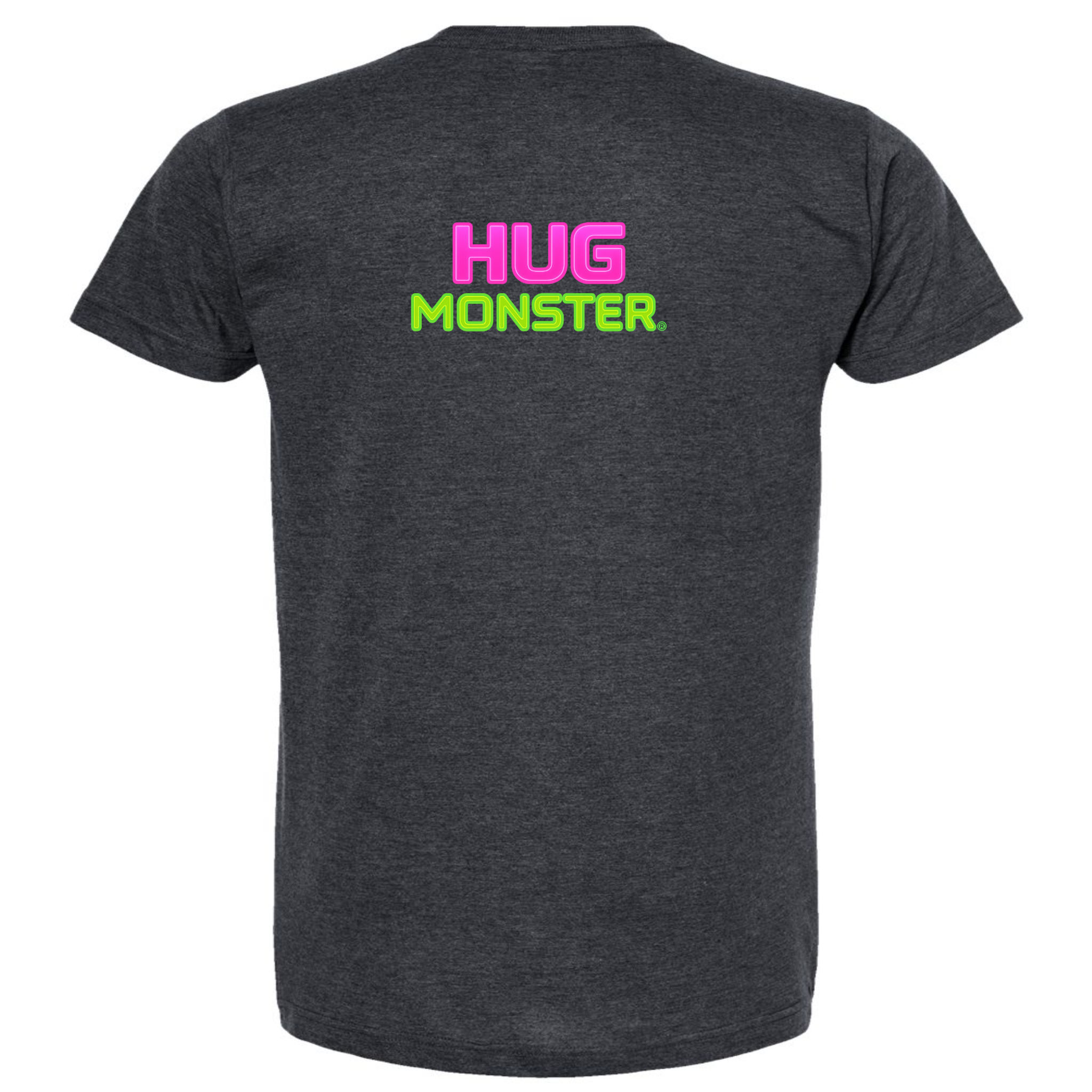 Hug Monster Neon Stacked T-Shirt - Positive Message Graphic Tee in Heather Graphite – Back View
