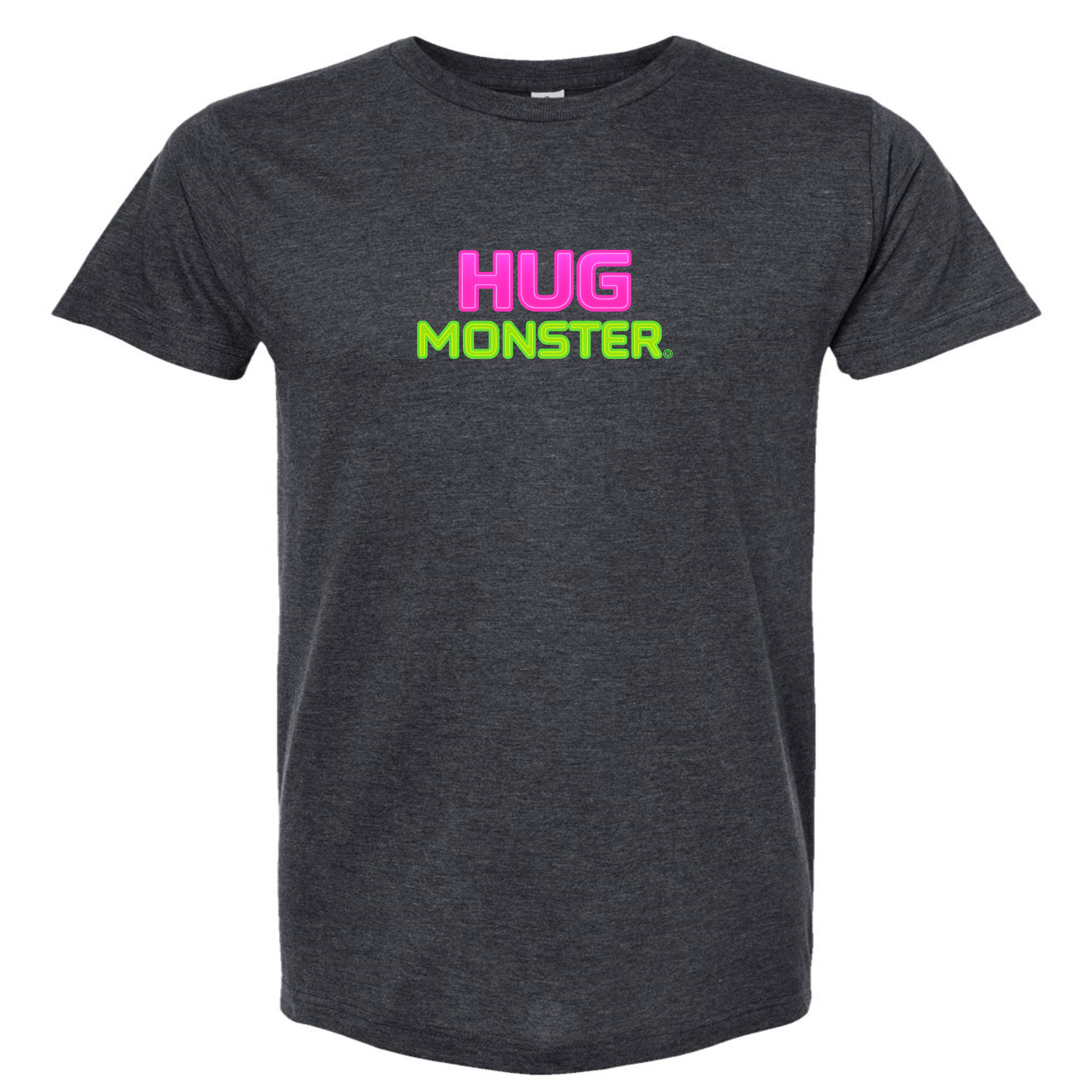 Hug Monster Neon Stacked T-Shirt - Positive Message Graphic Tee in Heather Graphite – Front View