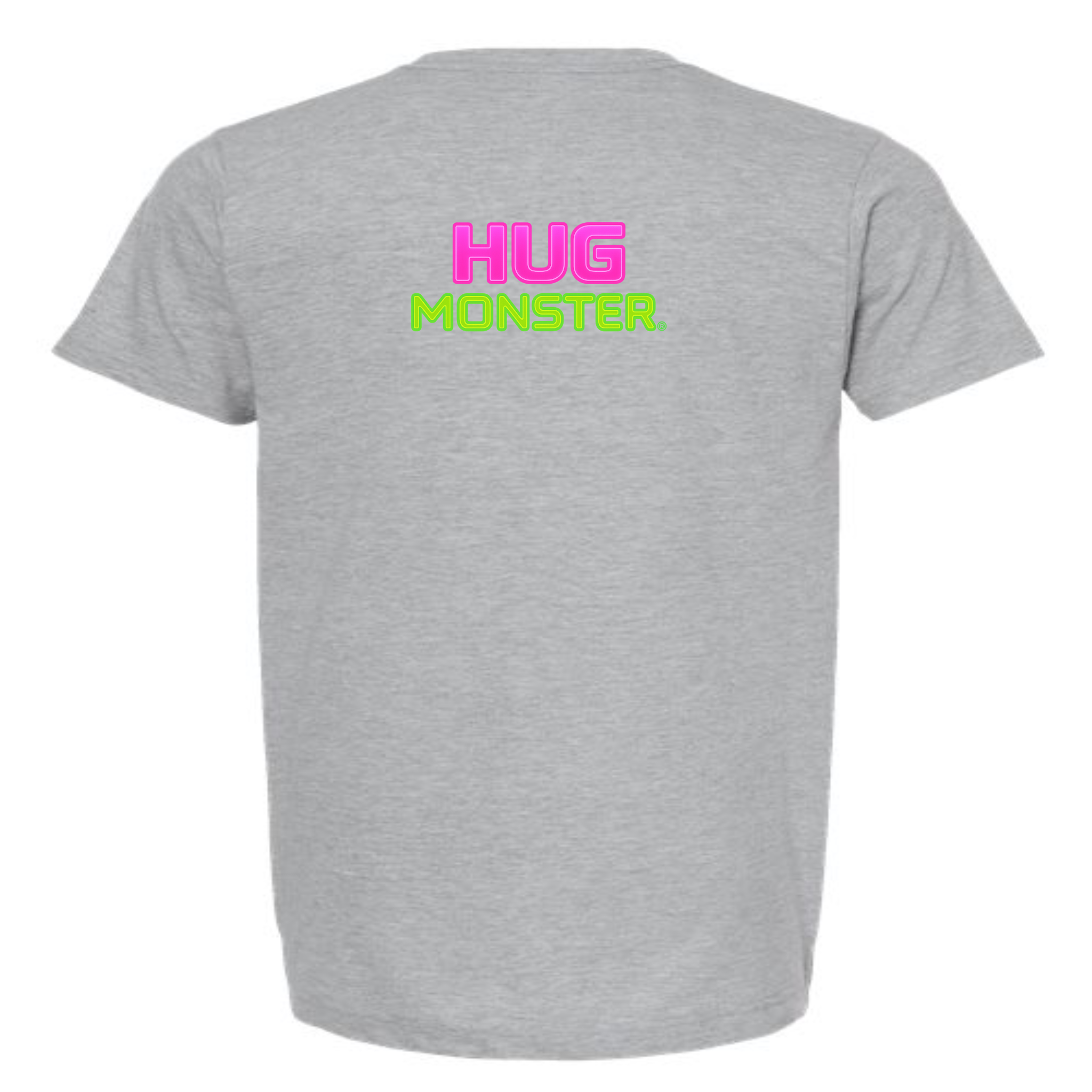 Hug Monster Neon Stacked T-Shirt - Positive Message Graphic Tee in Heather Grey – Back View