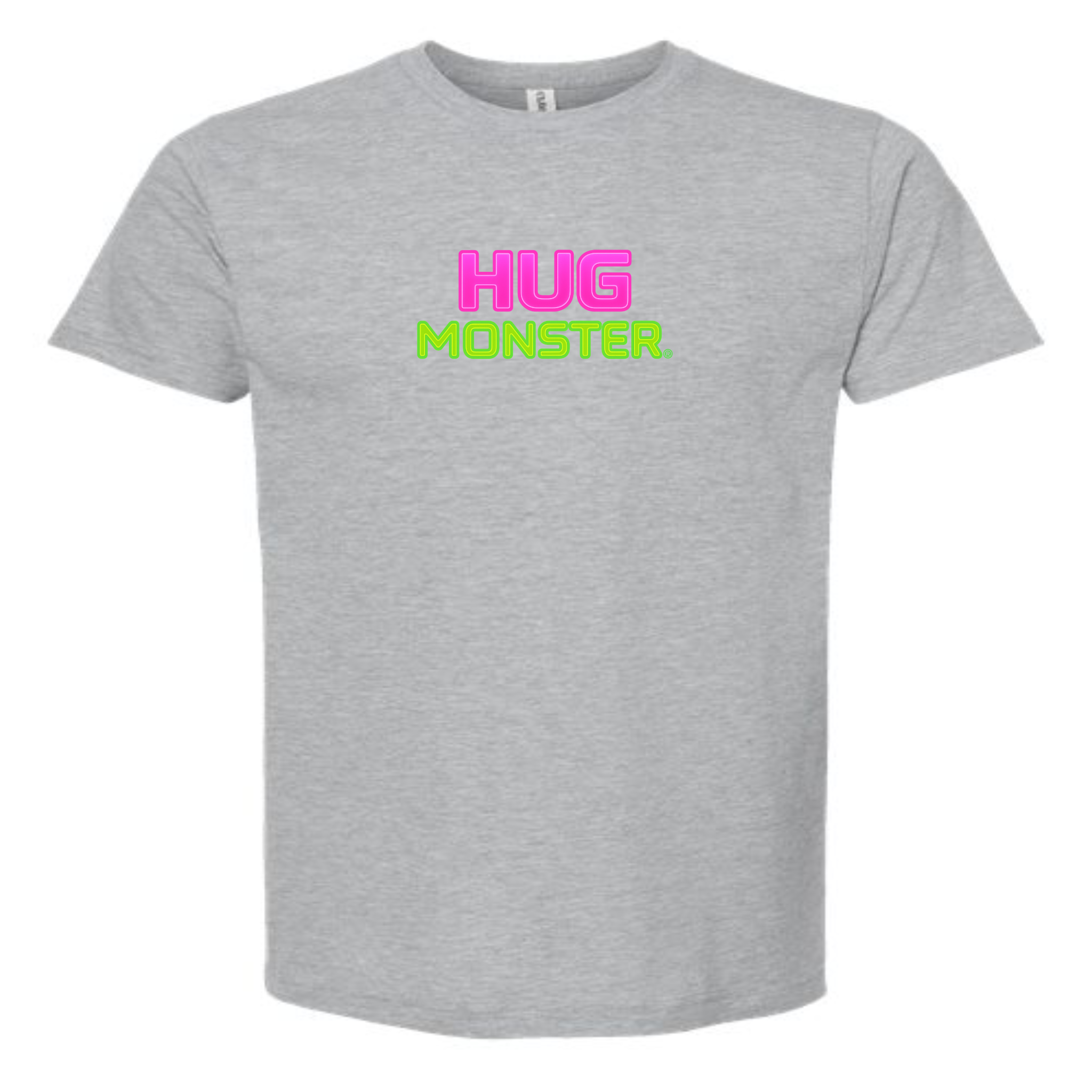 Hug Monster Neon Stacked T-Shirt - Positive Message Graphic Tee in Heather Grey – Front View