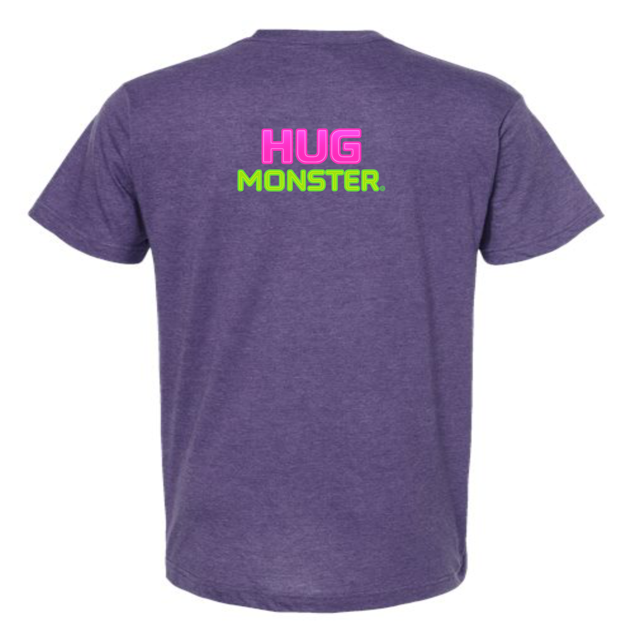 Hug Monster Neon Stacked T-Shirt - Positive Message Graphic Tee in Heather Purple – Back View