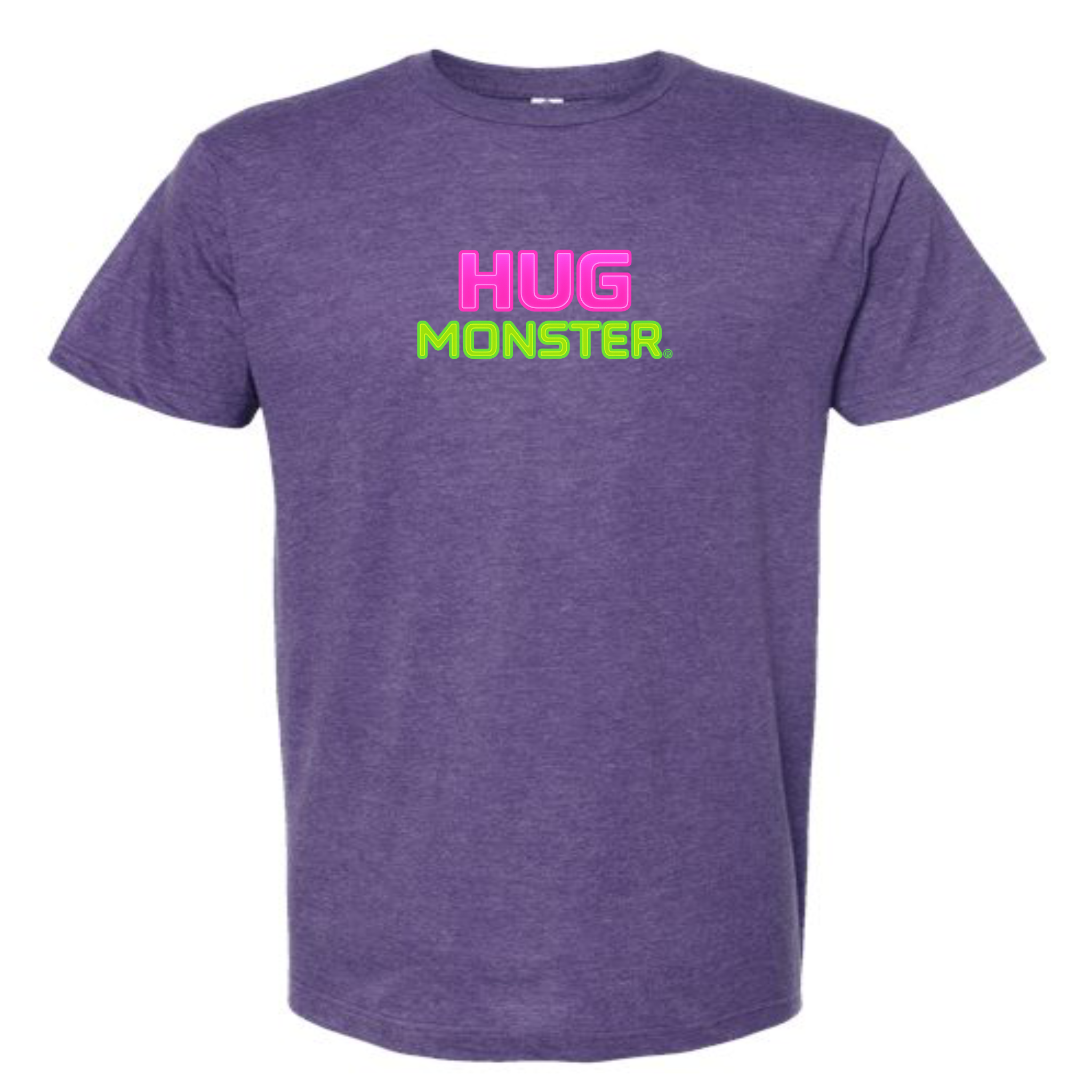 Hug Monster Neon Stacked T-Shirt - Positive Message Graphic Tee in Heather Purple – Front View