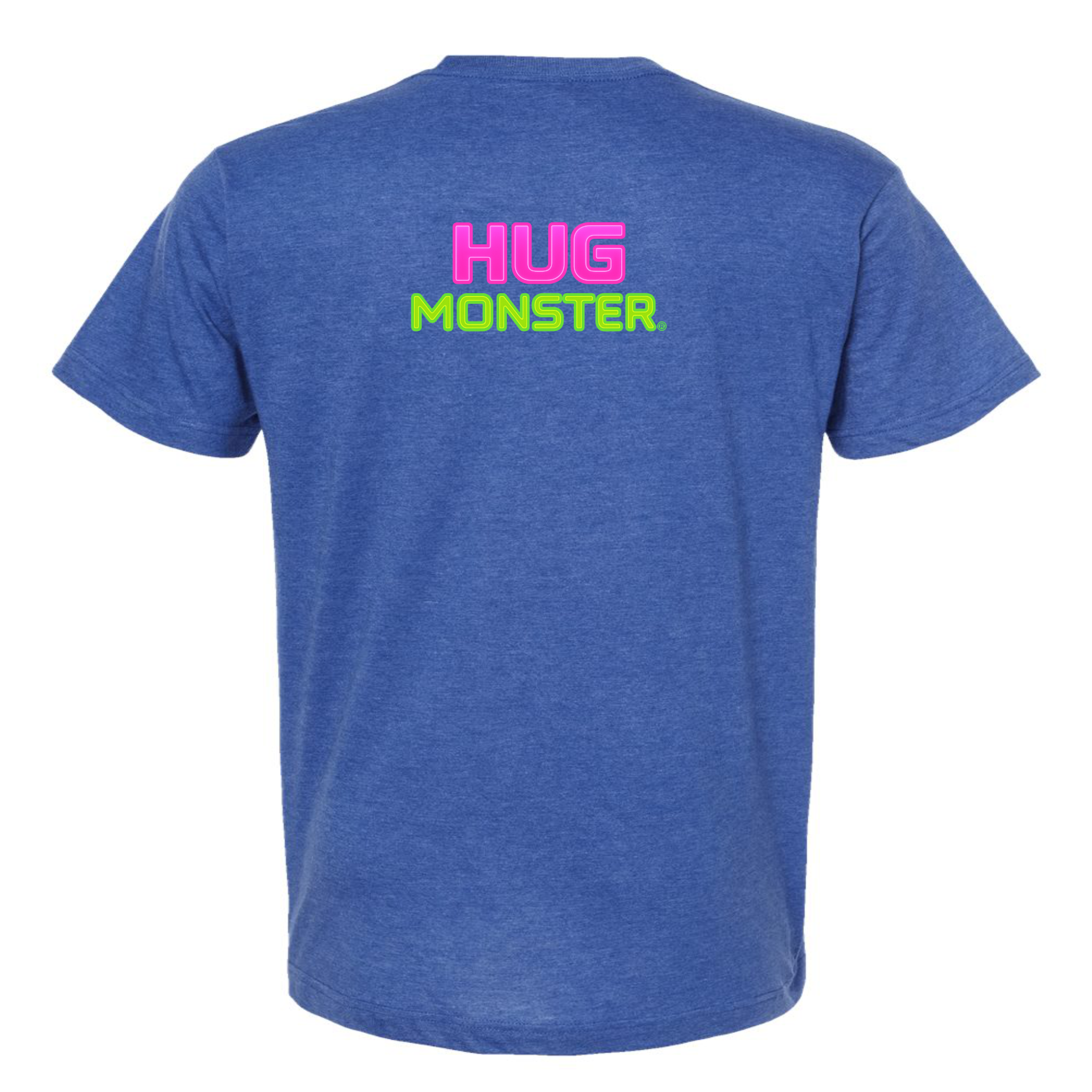 Hug Monster Neon Stacked T-Shirt - Positive Message Graphic Tee in Heather Royal Blue – Back View