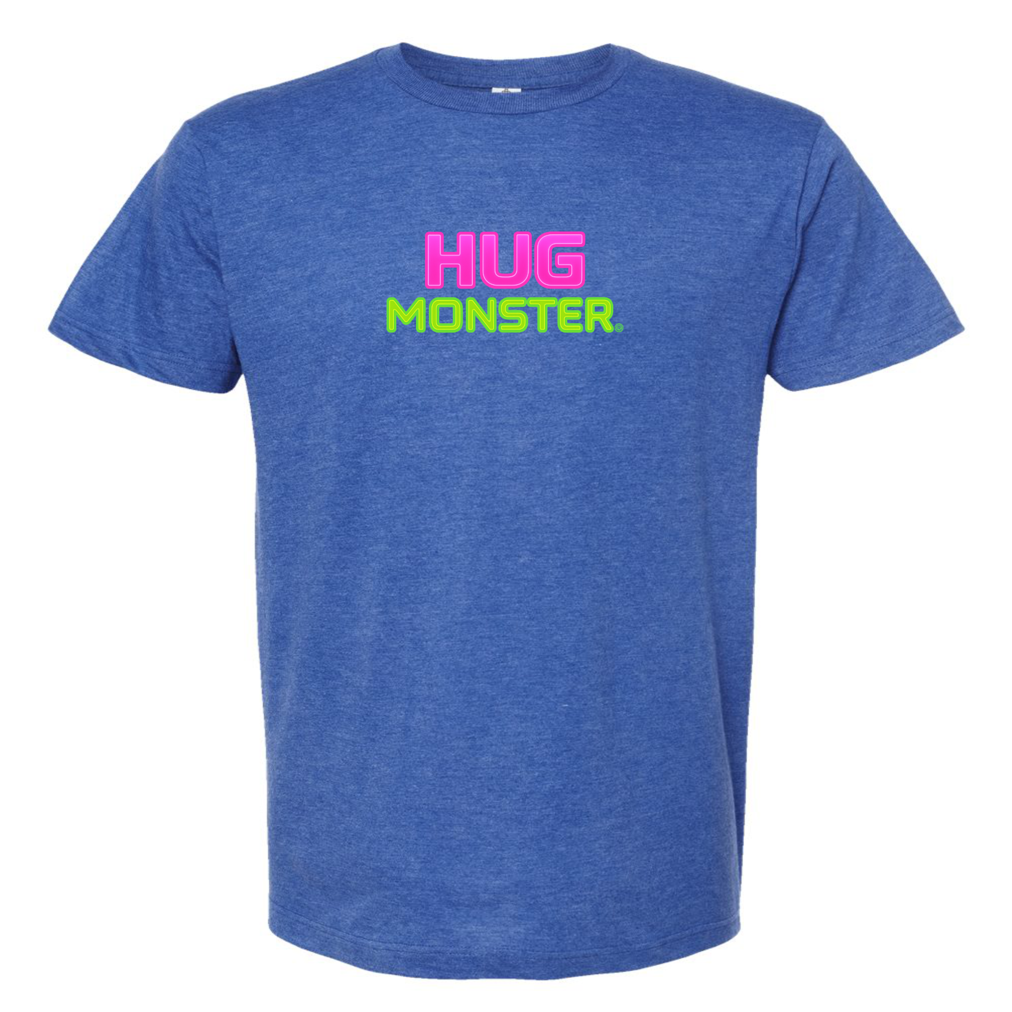 Hug Monster Neon Stacked T-Shirt - Positive Message Graphic Tee in Heather Royal Blue – Front View