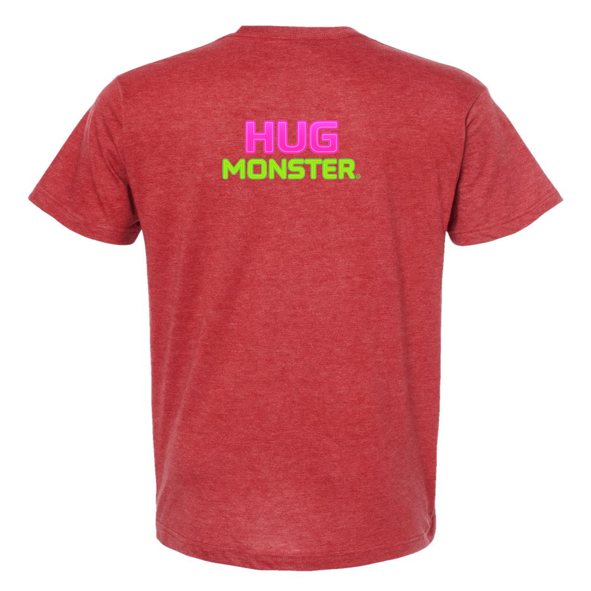 Hug Monster Neon Stacked T-Shirt - Positive Message Graphic Tee in Heather Scarlet Red – Back View