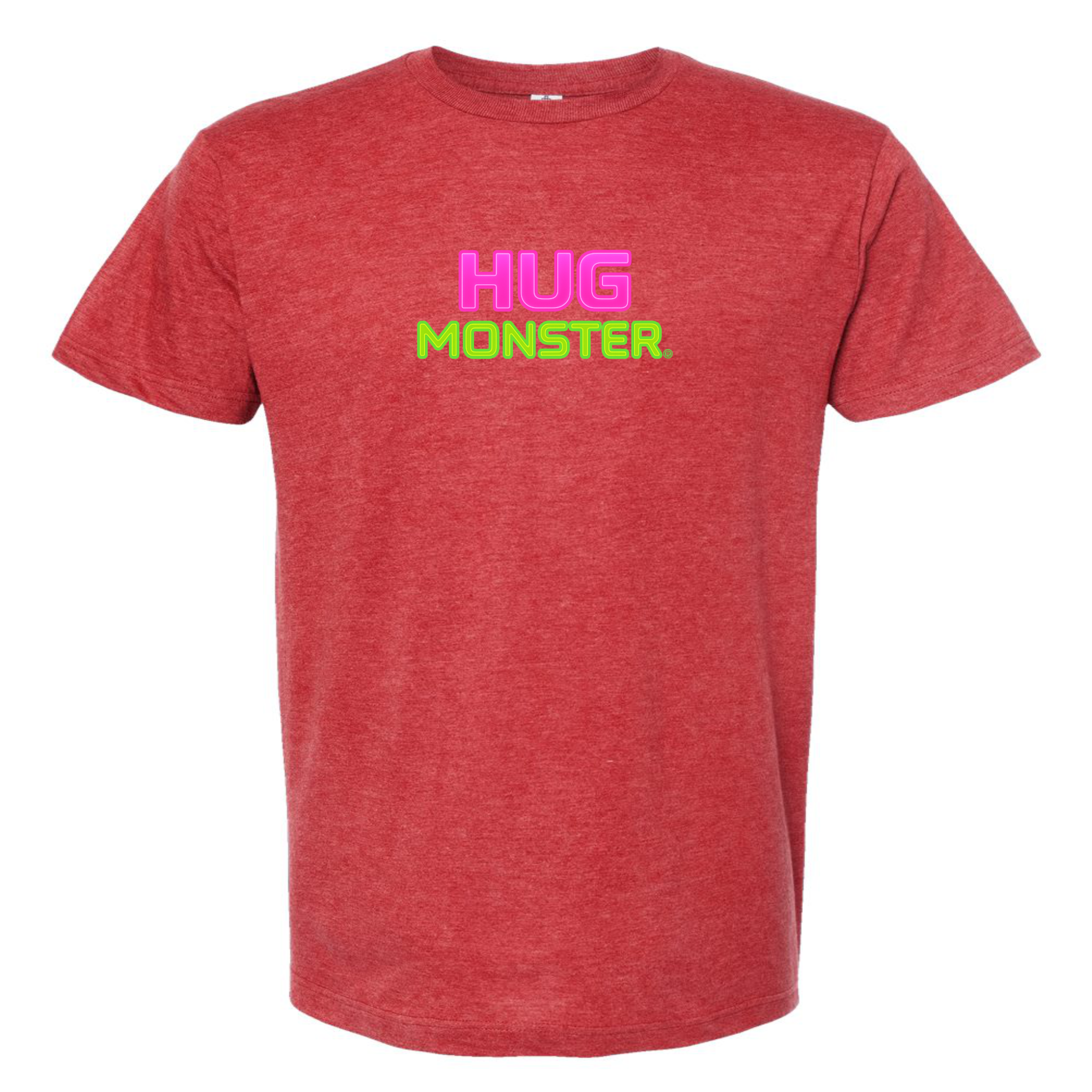 Hug Monster Neon Stacked T-Shirt - Positive Message Graphic Tee in Heather Scarlet Red – Front View