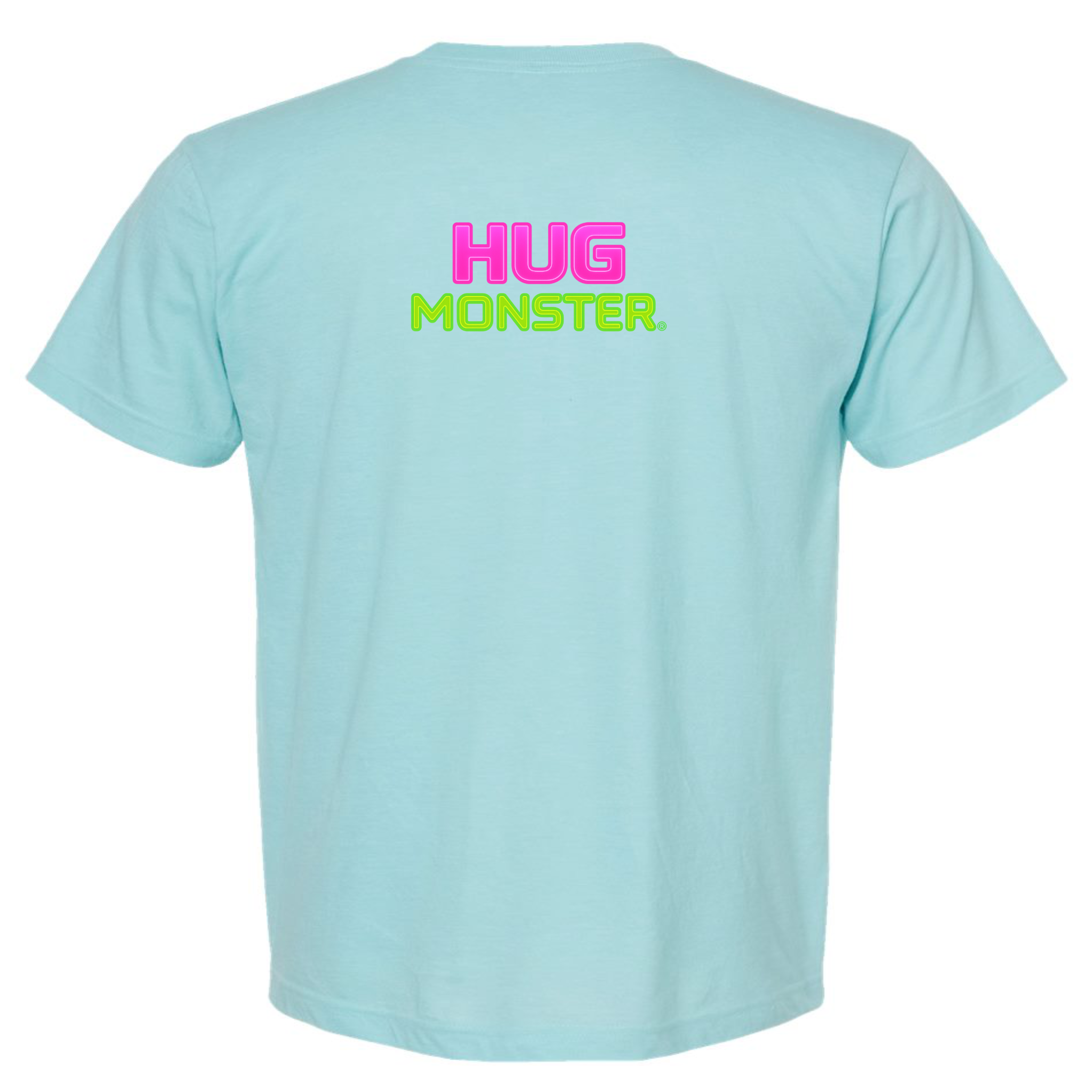 Hug Monster Neon Stacked T-Shirt - Positive Message Graphic Tee in Heather Turquoise – Back View