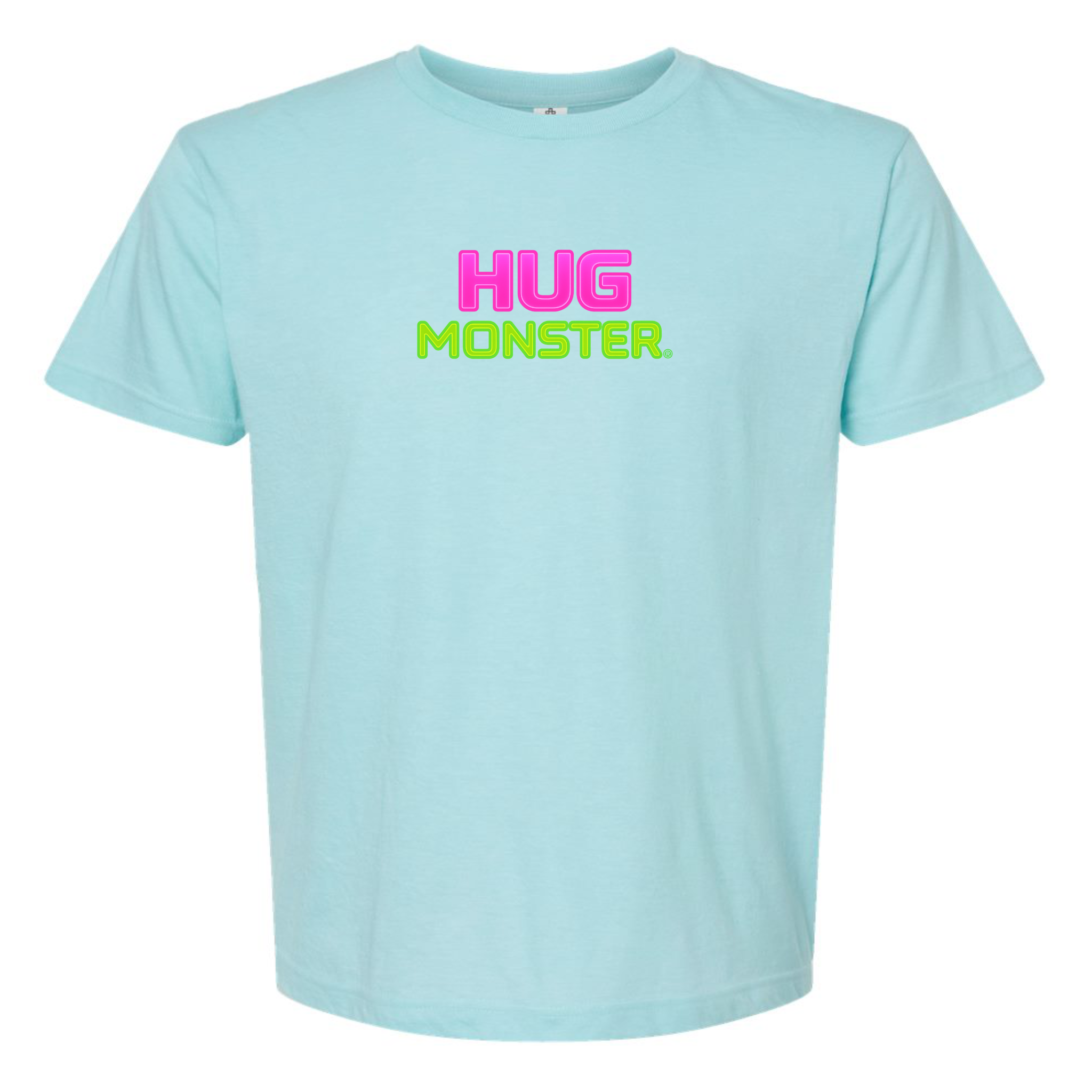 Hug Monster Neon Stacked T-Shirt - Positive Message Graphic Tee in Heather Turquoise – Front View