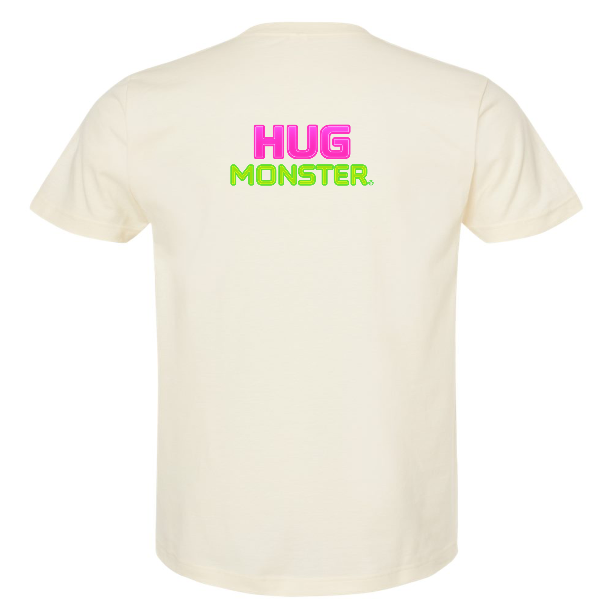 Hug Monster Neon Stacked T-Shirt - Positive Message Graphic Tee in Natural – Back View
