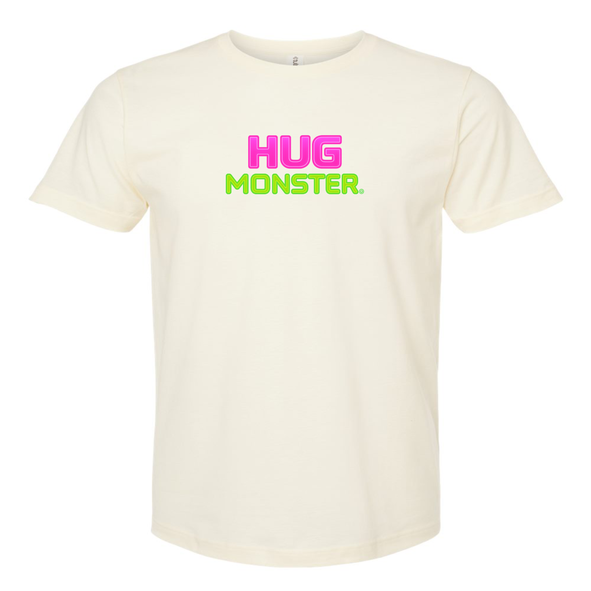 Hug Monster Neon Stacked T-Shirt - Positive Message Graphic Tee in Natural – Front View